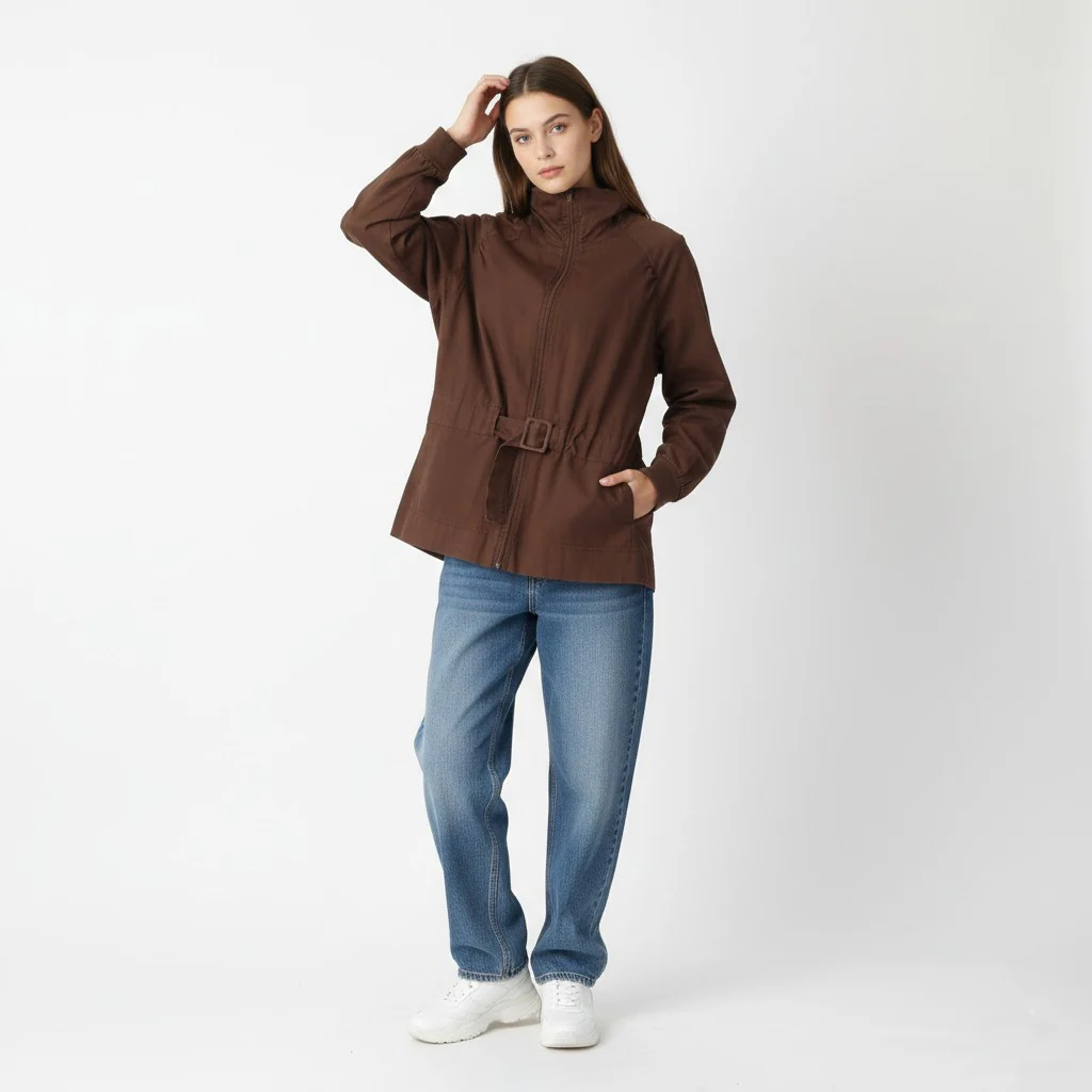 Reebok Classic Women 16 XL Jacket Brown Cotton Full Zipper Belted Stan Up Collar Top