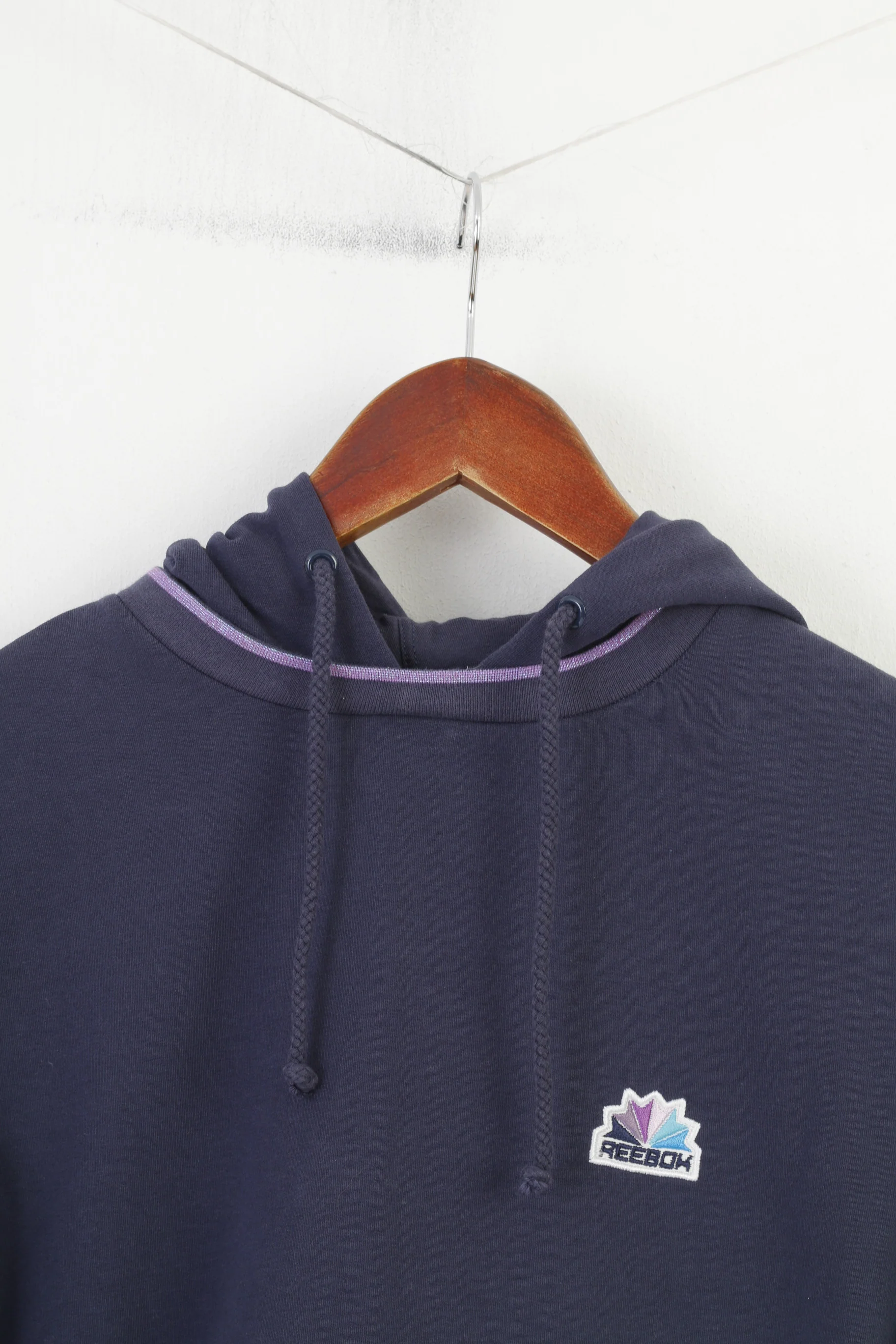 Reebok Women 12 M Sweatshirt Hooded Navy Cotton Sportswear Vintage Hood Kangaroo Top - Image 2
