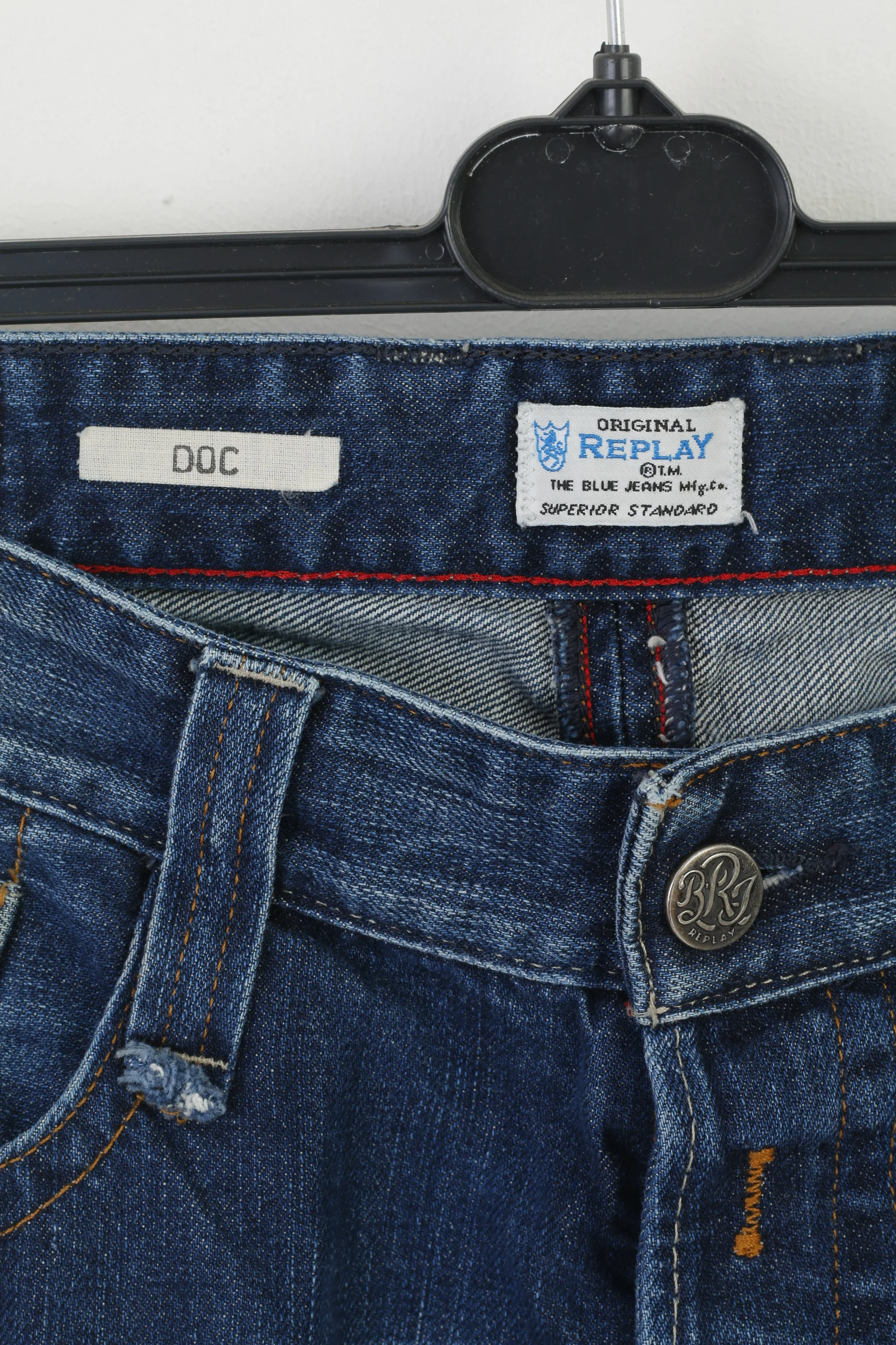 Replay Blue Jeans Men 32 Trousers Navy Cotton Denim Straight Leg Pants - Image 3