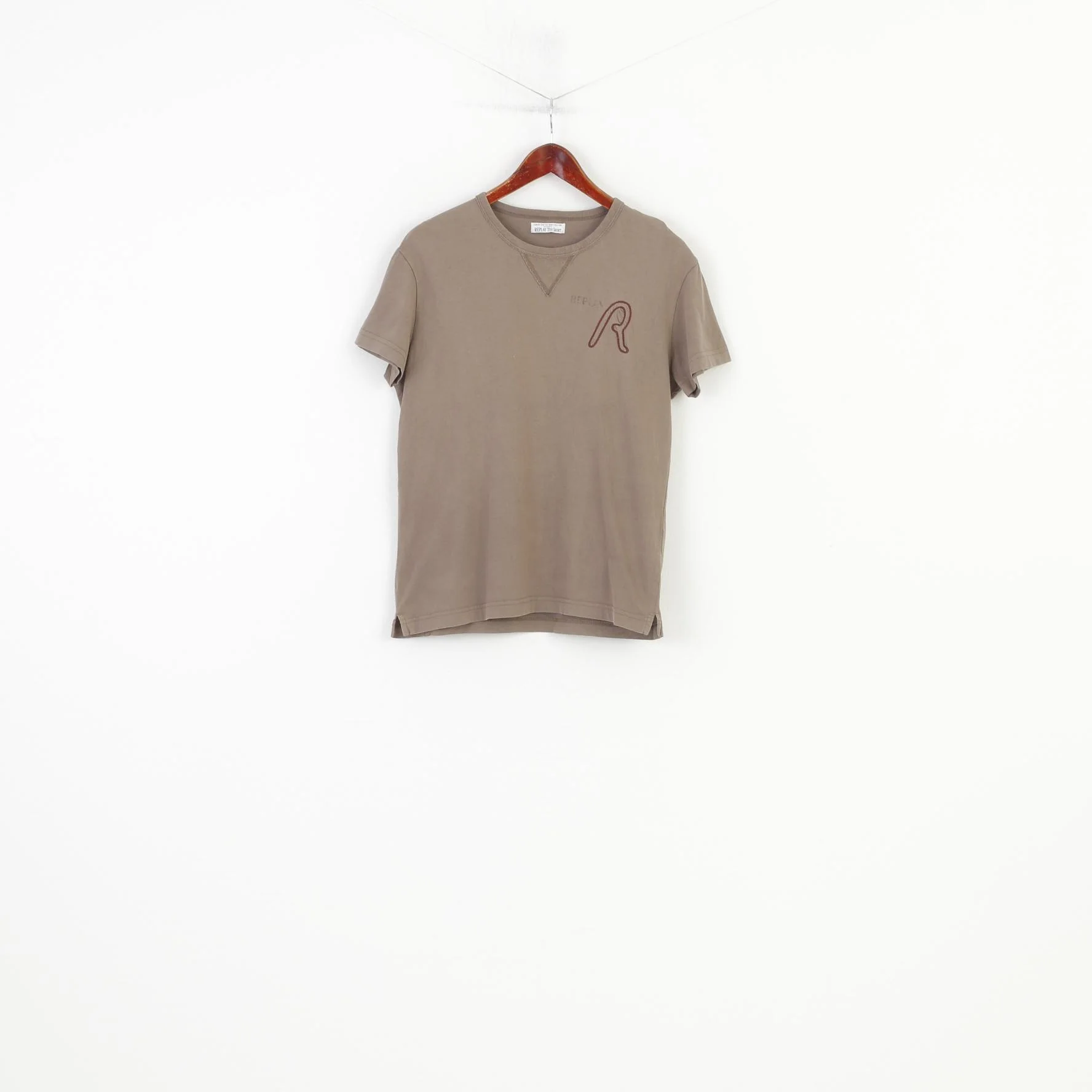 Replay Men M T-Shirt Cotton Short Sleeve Brown Tee Shirt Crew Neck Authentic Vintage Top
