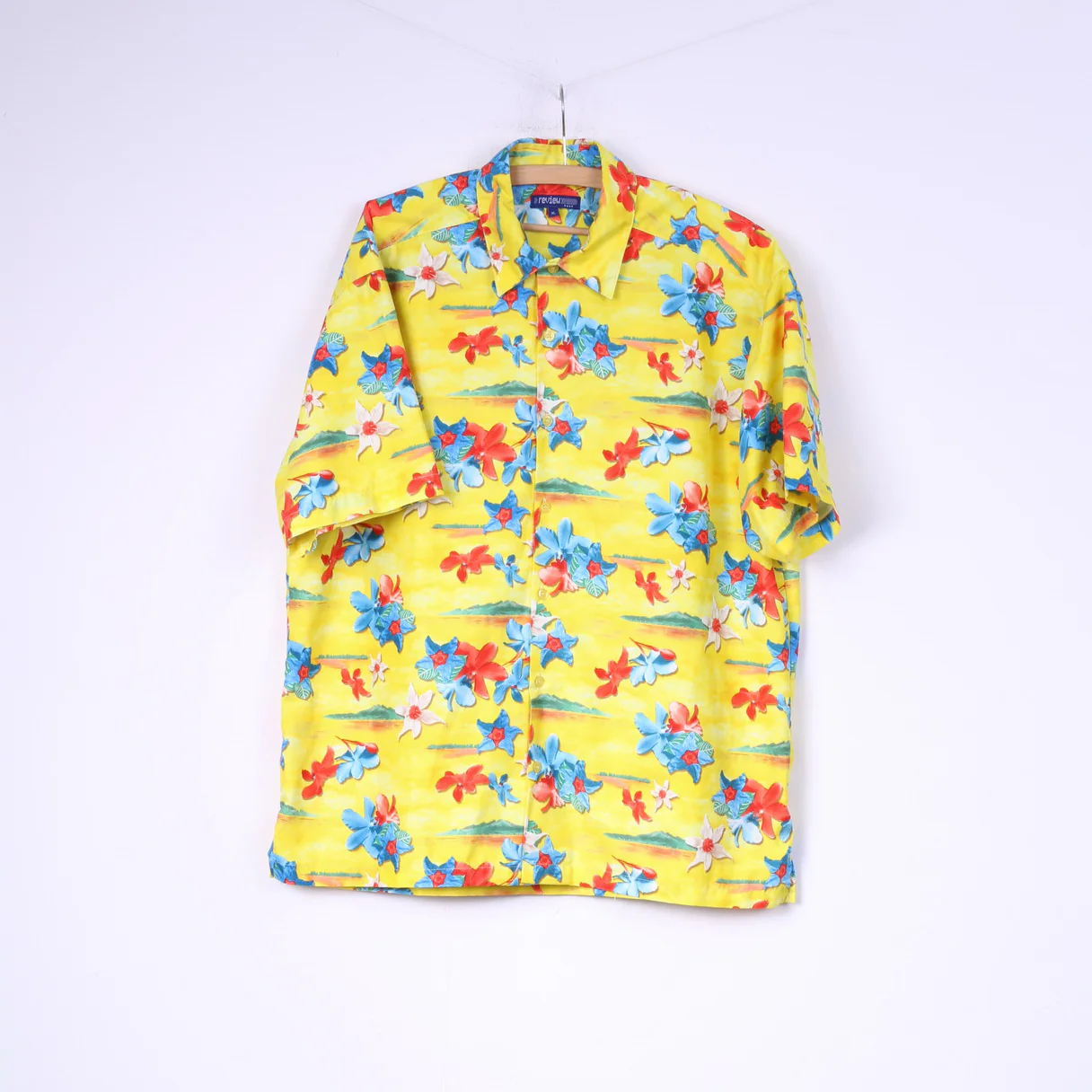 Review Men XL Casual Shirt Yellow Floral Print Summer Hawaii Short Sleeve Top
