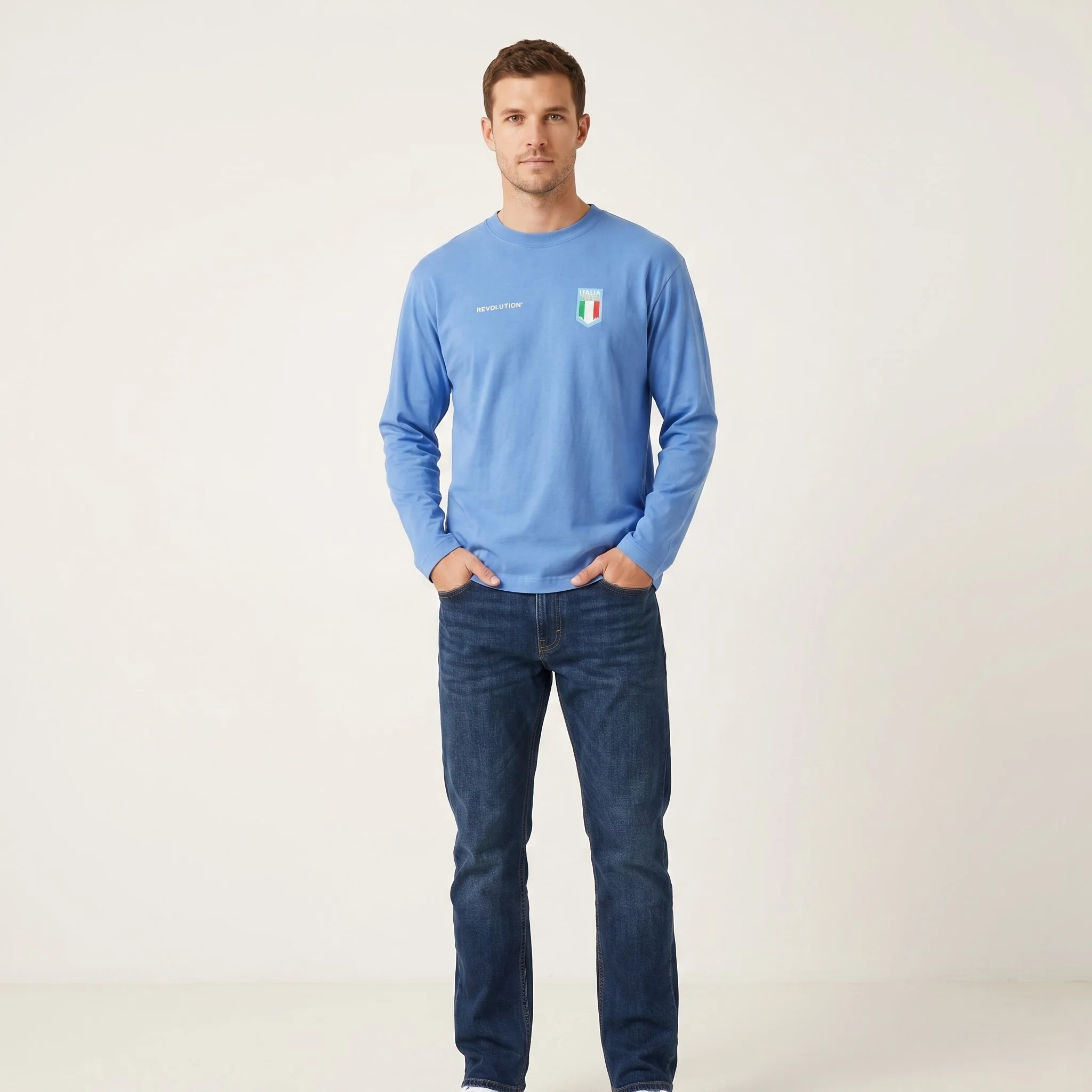 Revolution Men L Shirt Longsleeve Blue Cotton Italia Vodka Sport Top