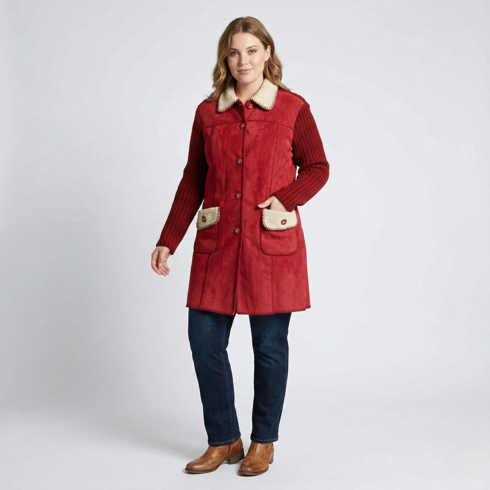 Risensun Woman L Jacket Red Padded Collar Bottoms Pockets Vintage Sweater  Jacket Top
