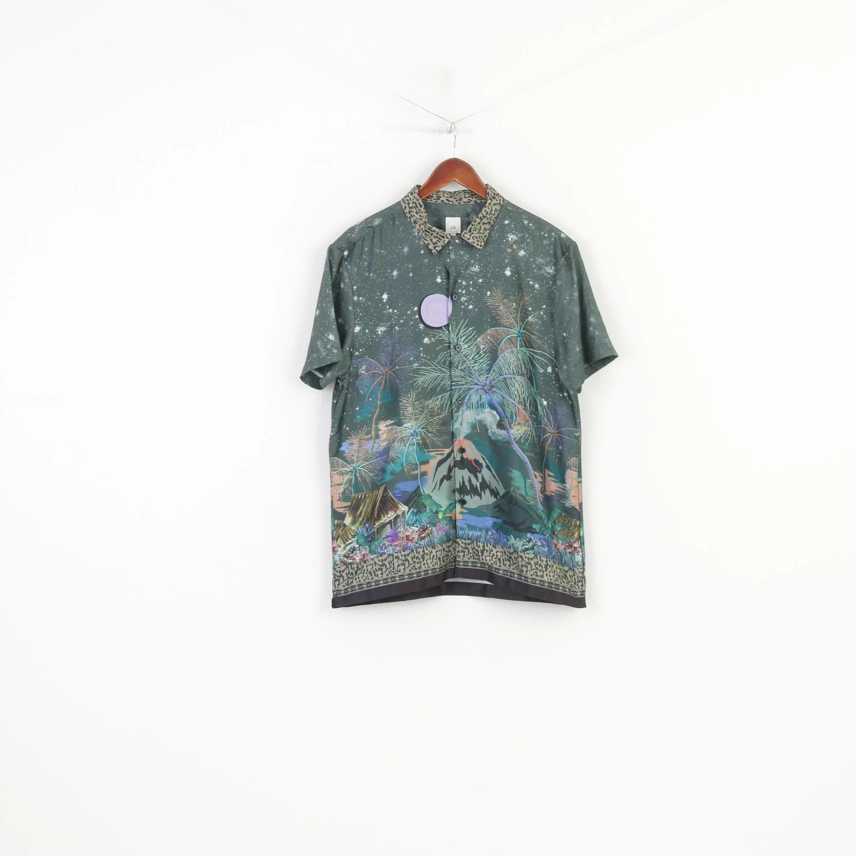River Island Men L Casual Shirt Green Shiny Short Sleeve Floral Print Bottoms Jungle Top