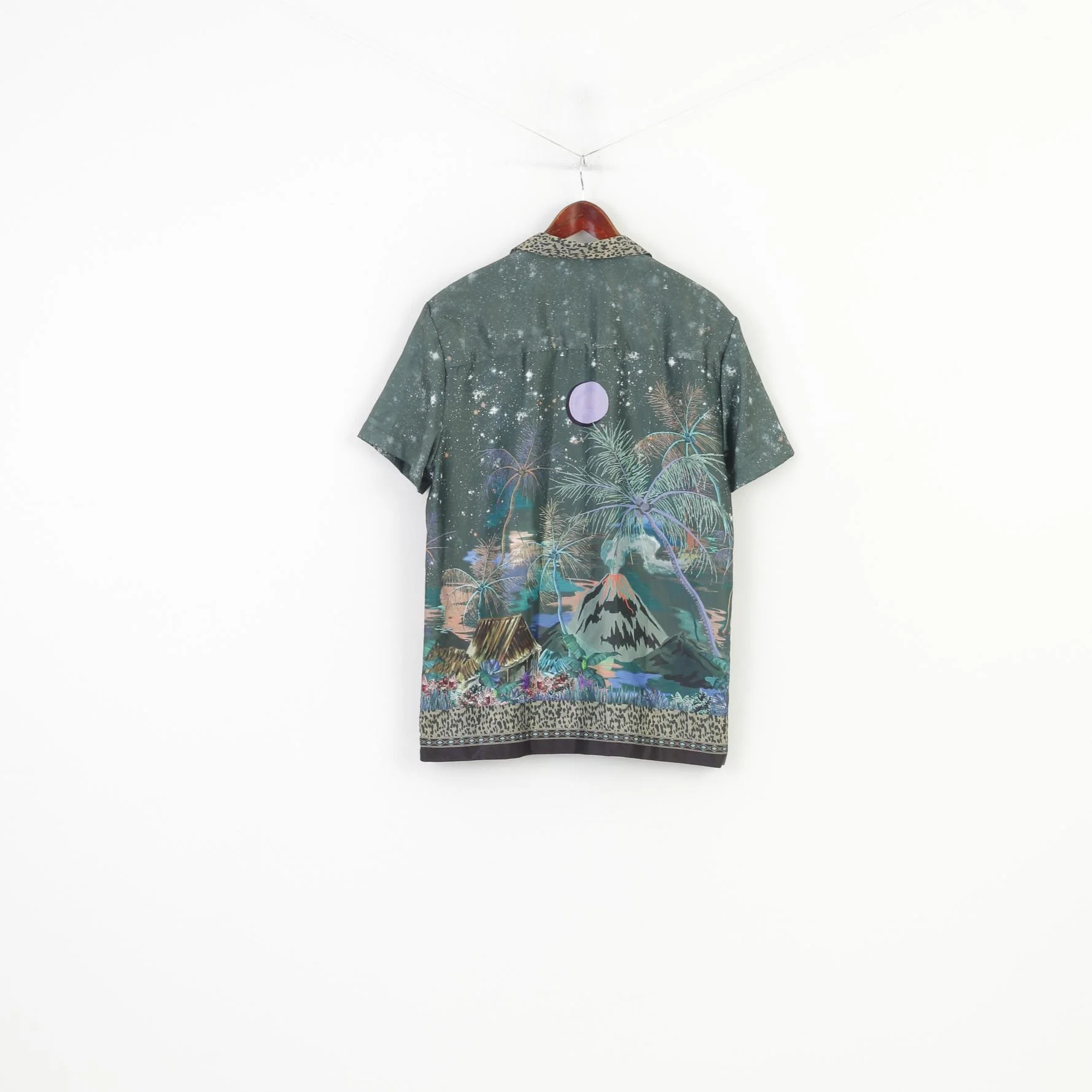 River Island Men L Casual Shirt Green Shiny Short Sleeve Floral Print Bottoms Jungle Top - Image 7