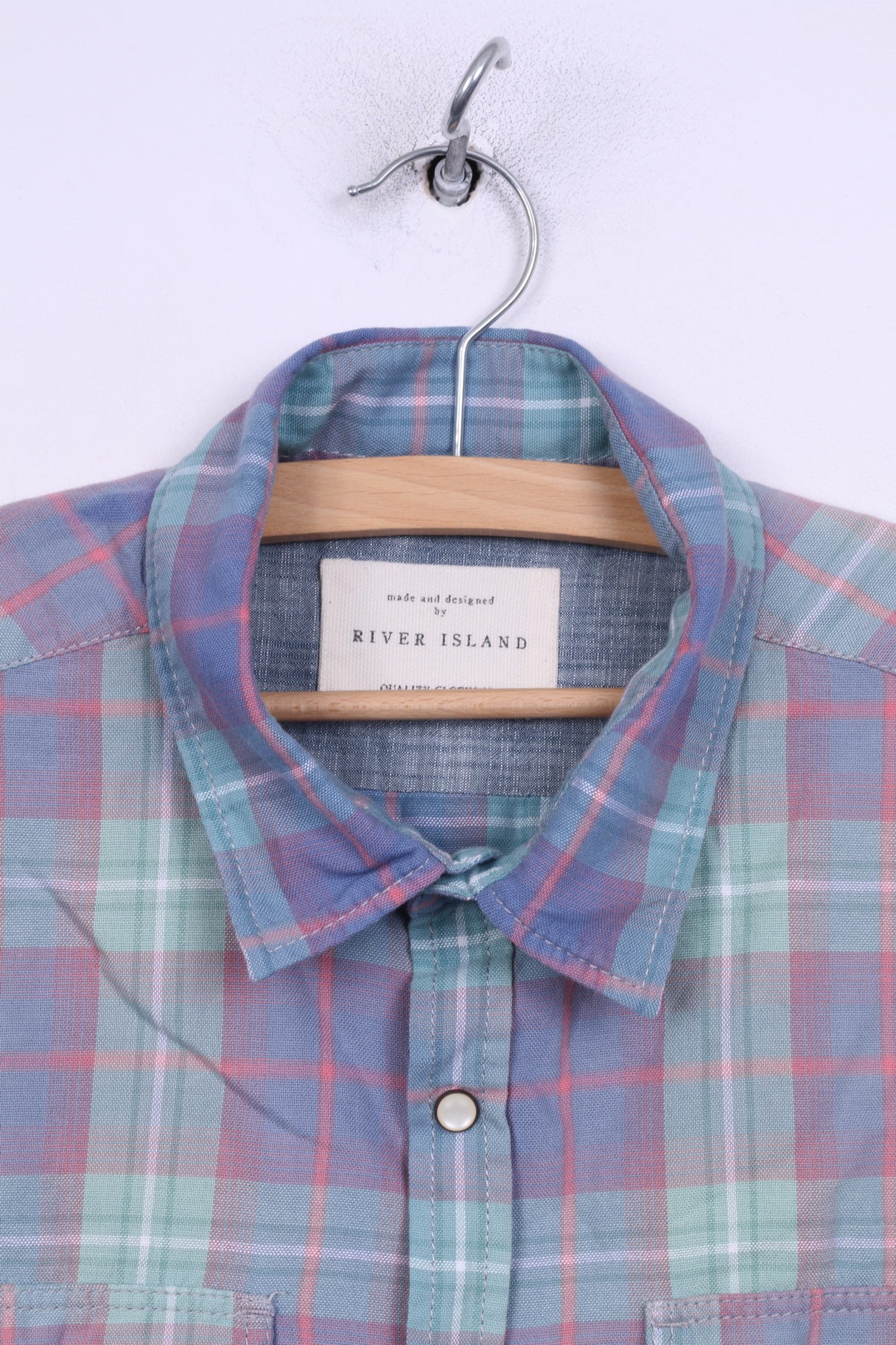 River Island Mens L (M) Casual Shirt Check Blue Short Sleeve Summer Top Snaps - Image 2