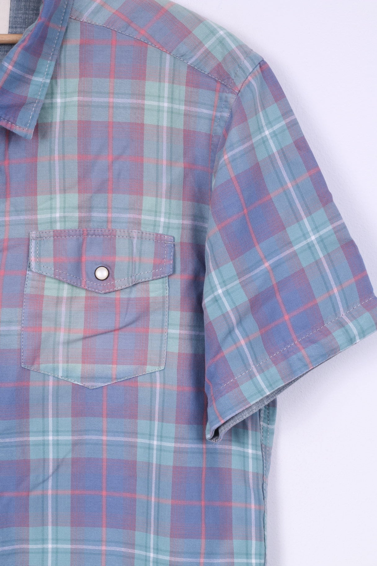 River Island Mens L (M) Casual Shirt Check Blue Short Sleeve Summer Top Snaps - Image 3