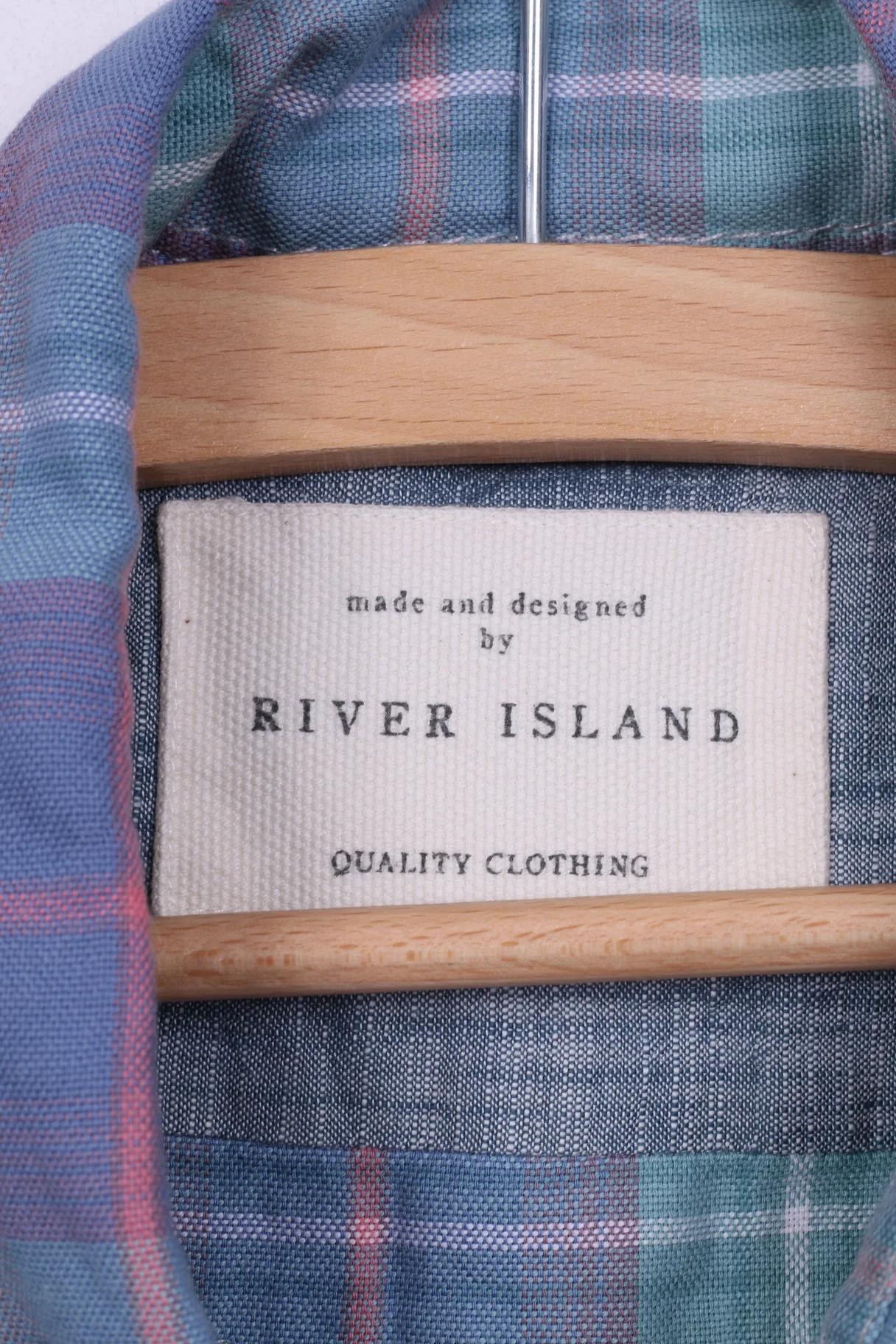 River Island Mens L (M) Casual Shirt Check Blue Short Sleeve Summer Top Snaps - Image 4