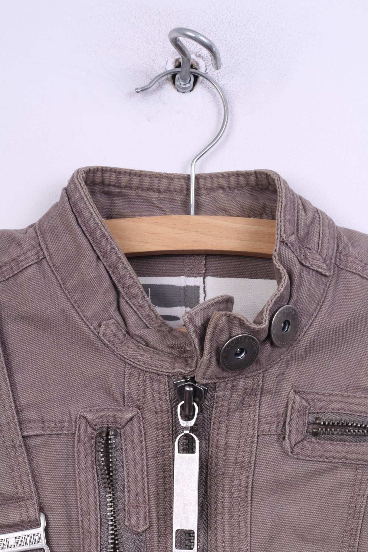 River Island Womens 34 8 XS Jacket Taupe Full Zipper Stand Up Collar Cotton Patches - Image 2