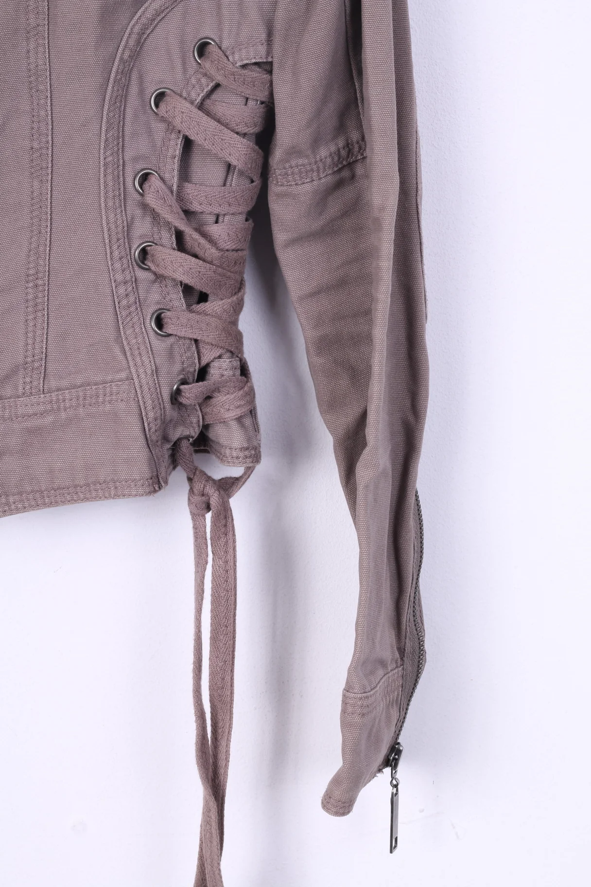 River Island Womens 34 8 XS Jacket Taupe Full Zipper Stand Up Collar Cotton Patches - Image 3