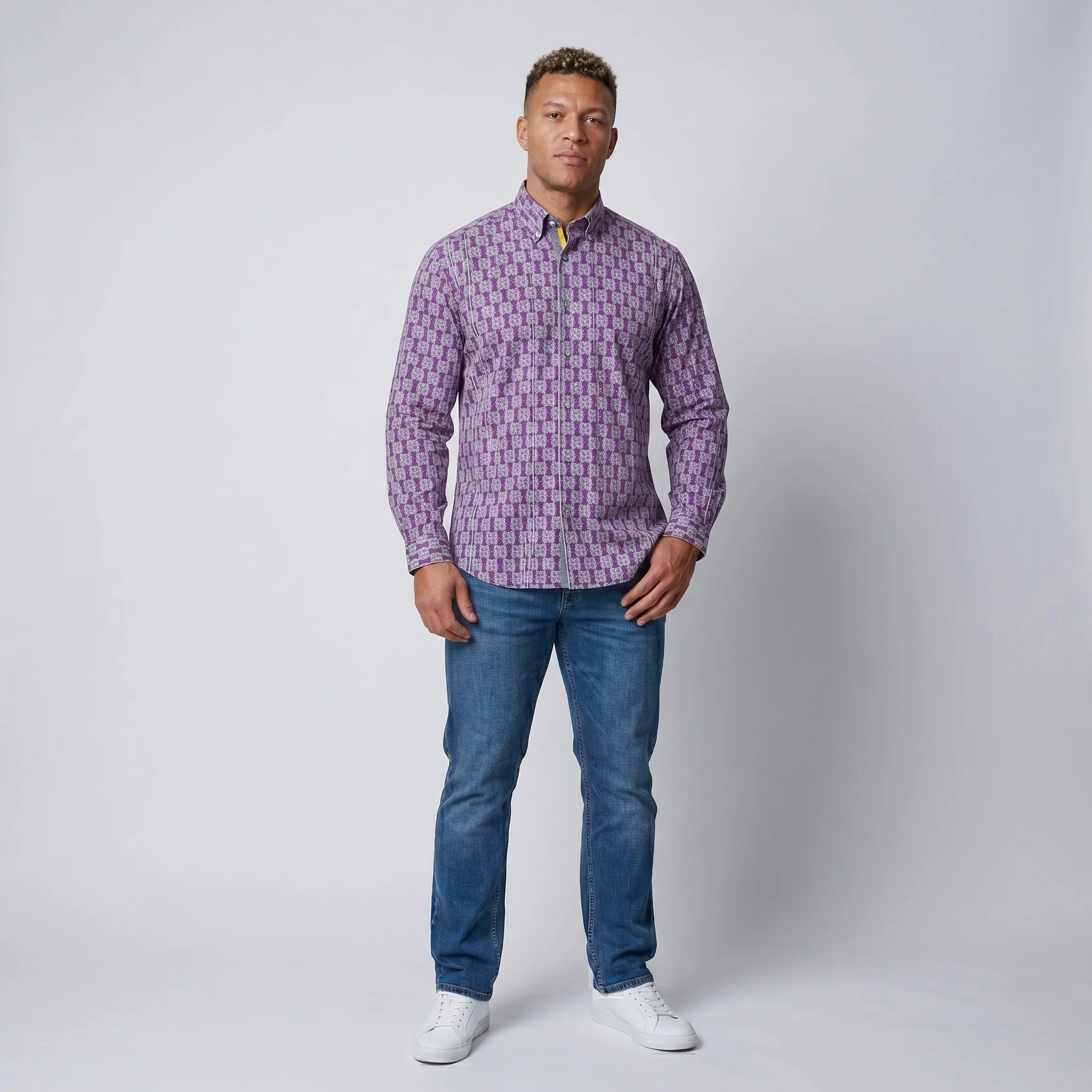 Robert Graham Mens XL Casual Shirt Purple Cotton Trim Silk Long Sleeve Classic Fit