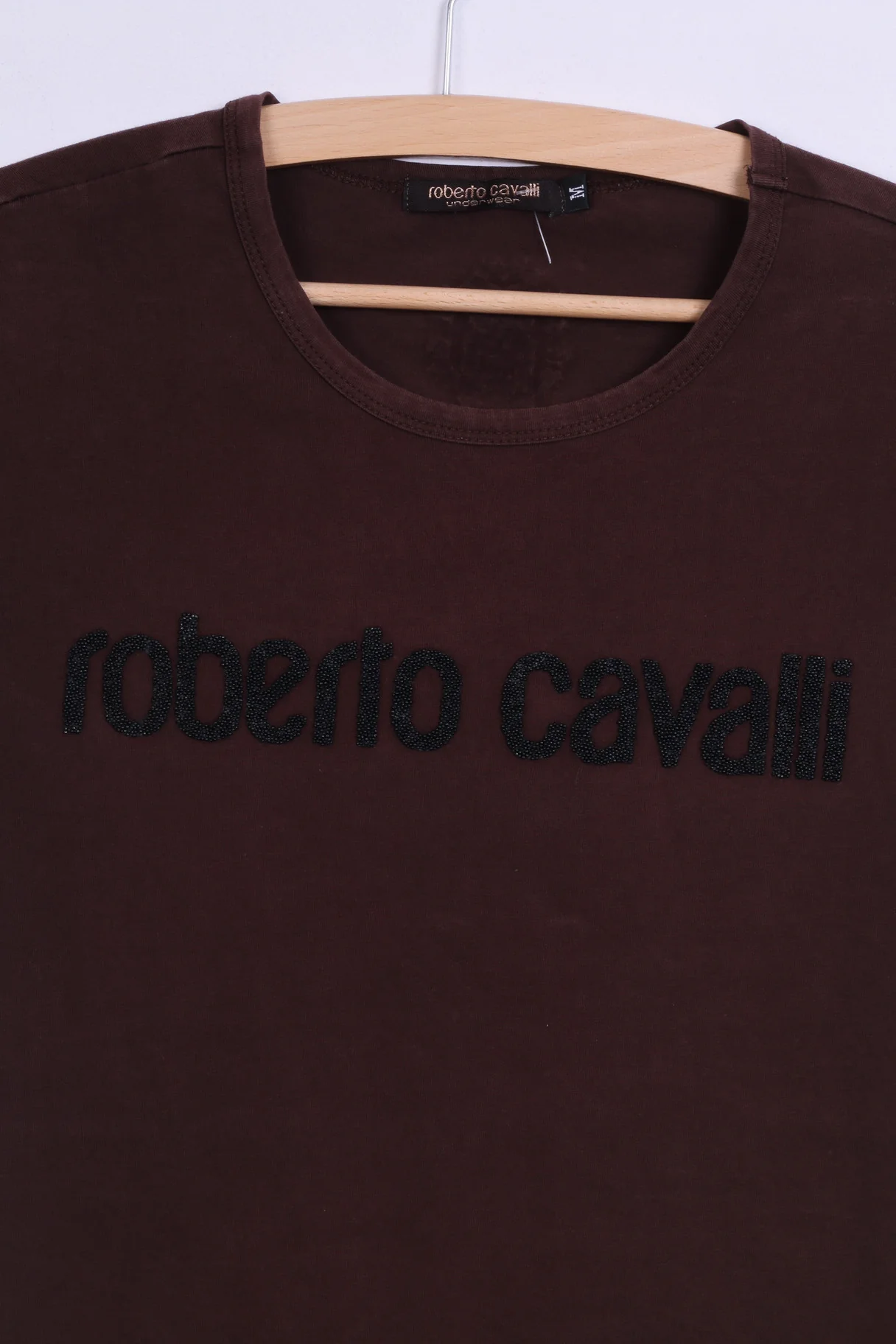 Roberto Cavalli Womens M T-Shirt Brown Cotton Top Beads Scoop Neck - Image 2