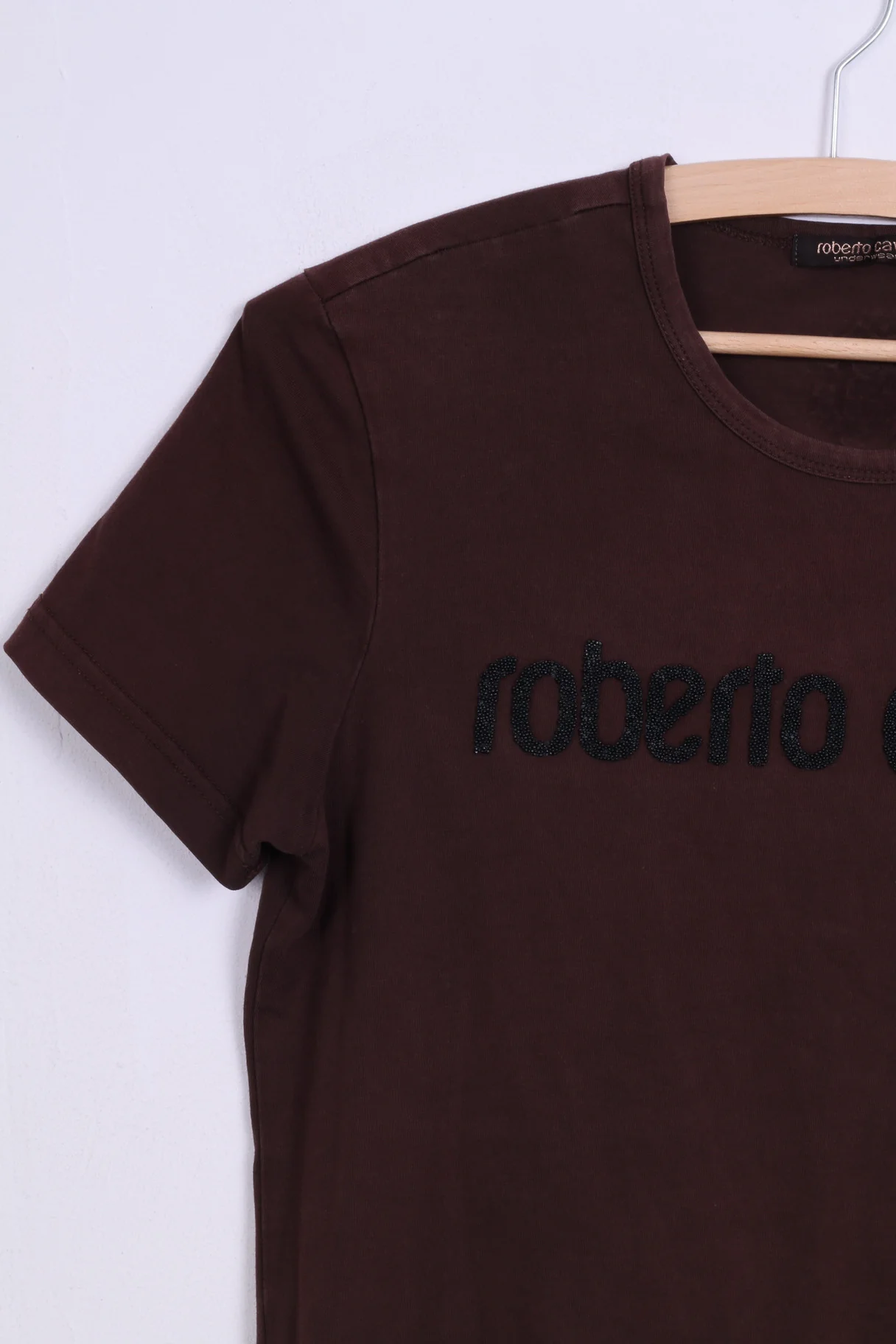 Roberto Cavalli Womens M T-Shirt Brown Cotton Top Beads Scoop Neck - Image 3