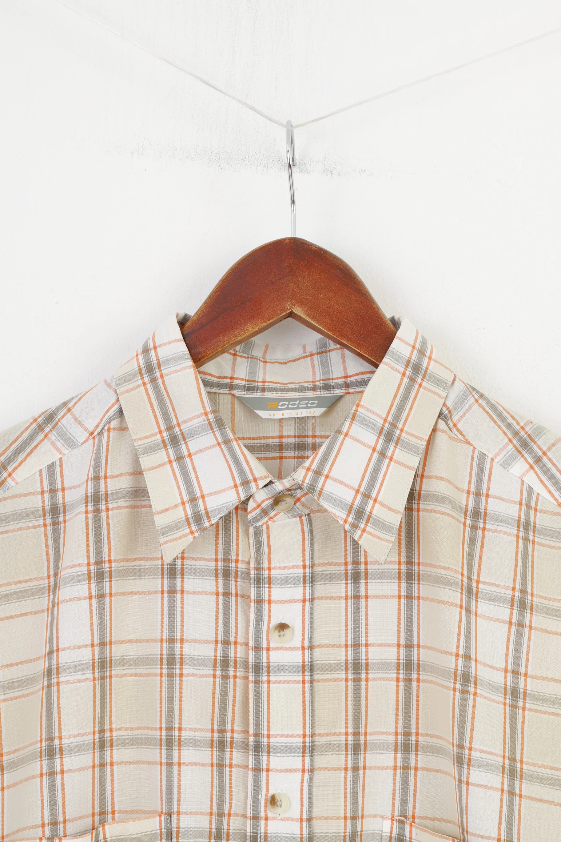 Rodeo Men L Casual Shirt Checkered Cream Short Sleeve Collar Buttons Top - Image 2