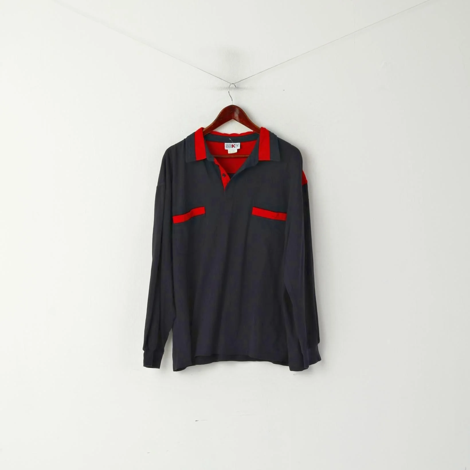 Roger Kent Men 62 XXL Polo Shirt Navy Cotton Vintage Pocket Long Sleeve Top - Image 2