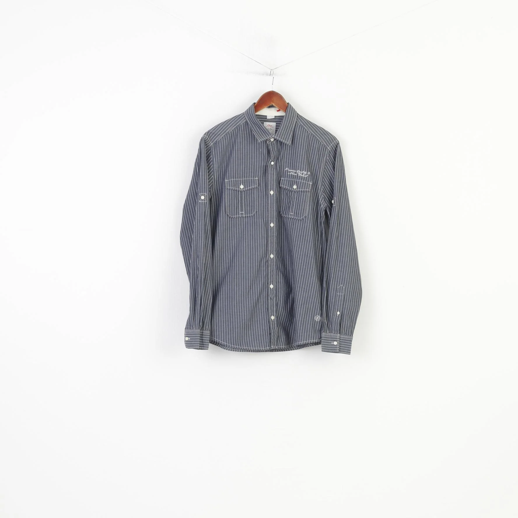 S.Oliver Men M Casual Shirt Striped Slim Fit Grey Cotton Long Sleeve Classic Top