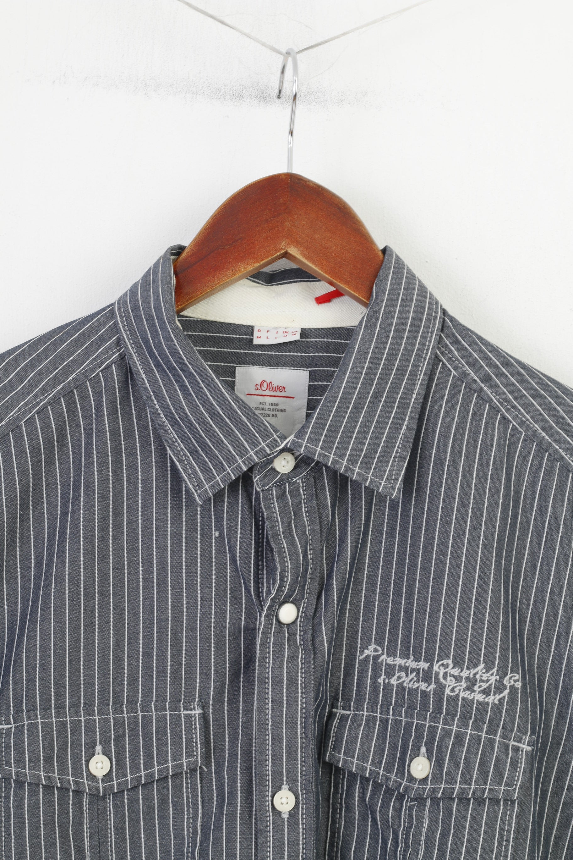 S.Oliver Men M Casual Shirt Striped Slim Fit Grey Cotton Long Sleeve Classic Top - Image 2