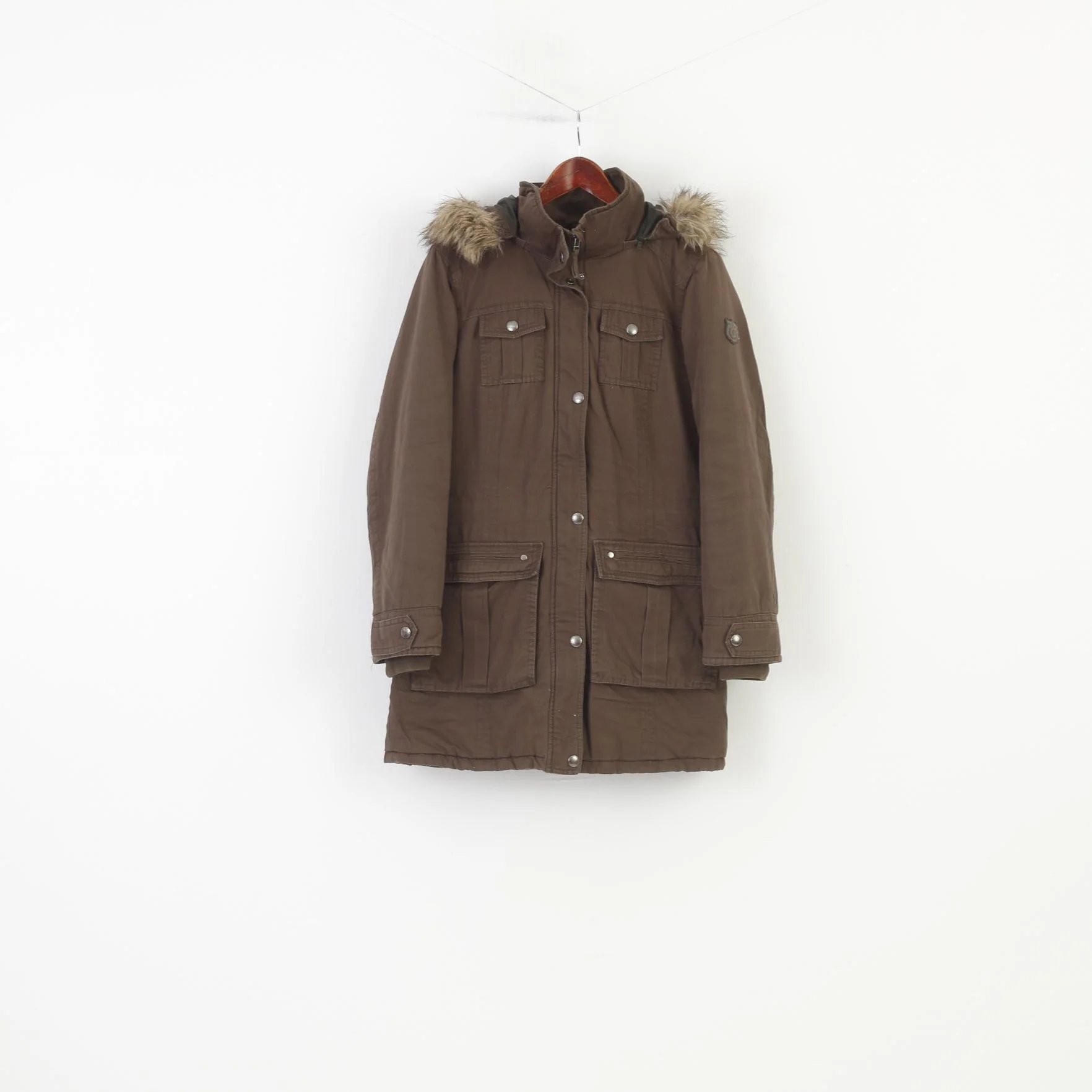 S.Oliver Woman M Jacket Khaki Padded Hood Vintage Cotton Pockets Full Zipper  Top - Image 2