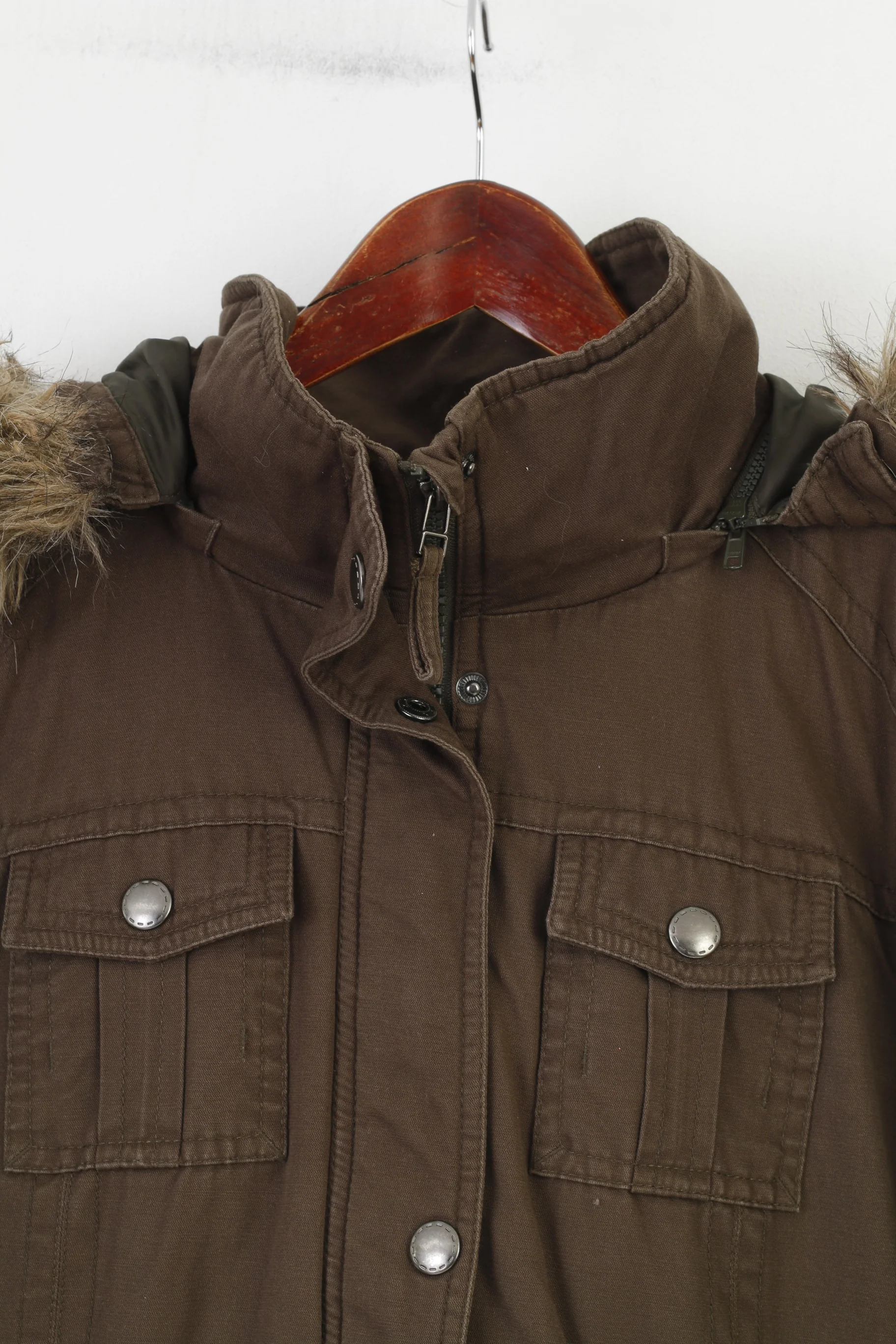 S.Oliver Woman M Jacket Khaki Padded Hood Vintage Cotton Pockets Full Zipper  Top - Image 3