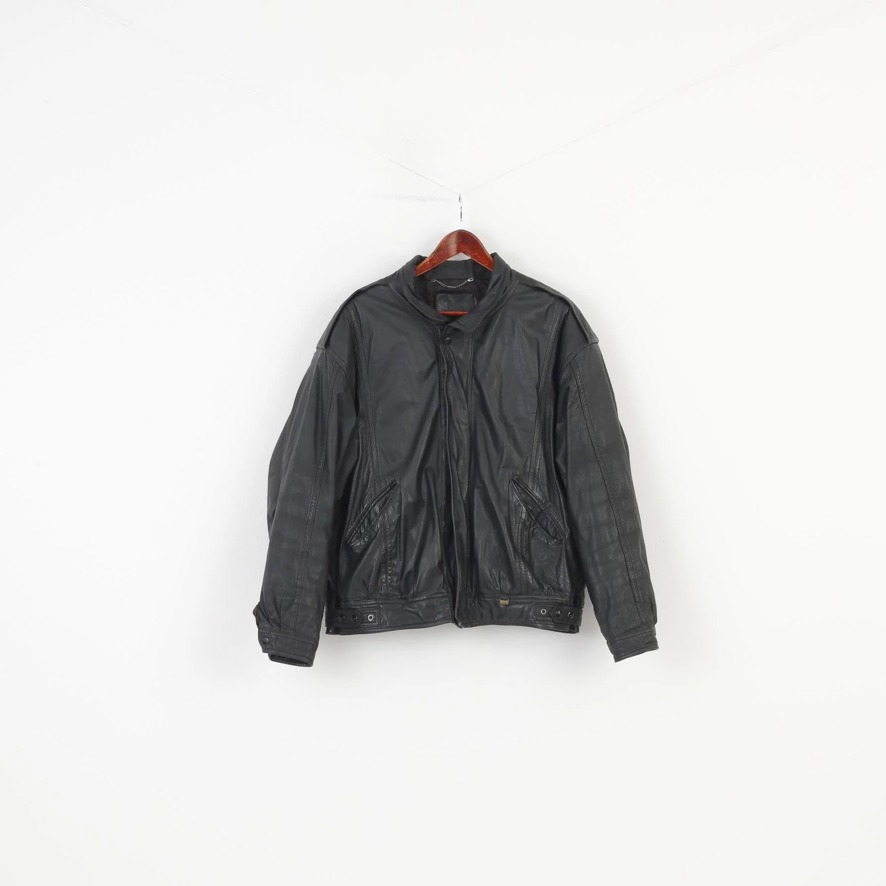 Saki Men L Leather Jacket Vintage Black Full Zipper Collar Long Sleeve Pockets Top
