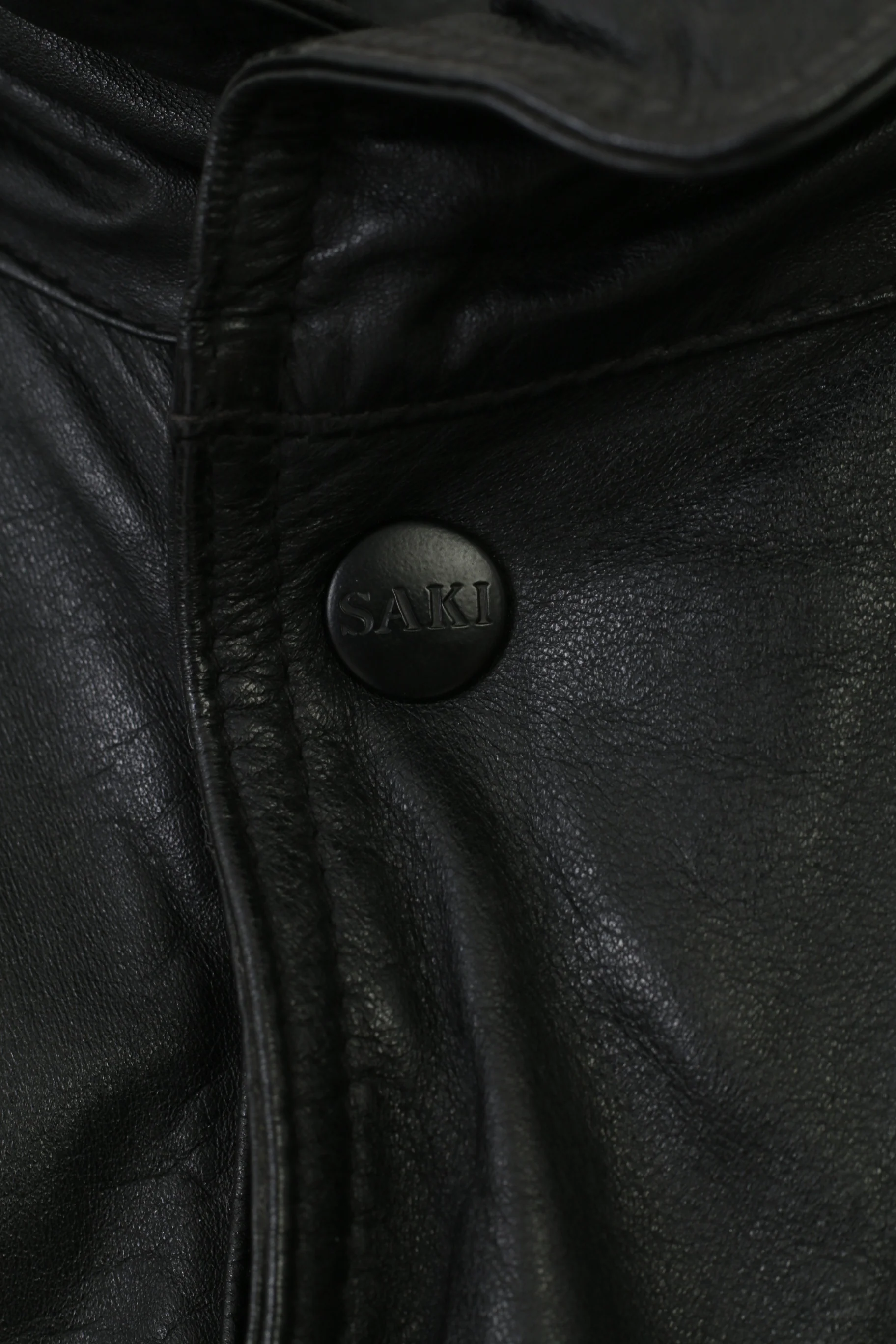 Saki Men L Leather Jacket Vintage Black Full Zipper Collar Long Sleeve Pockets Top - Image 4