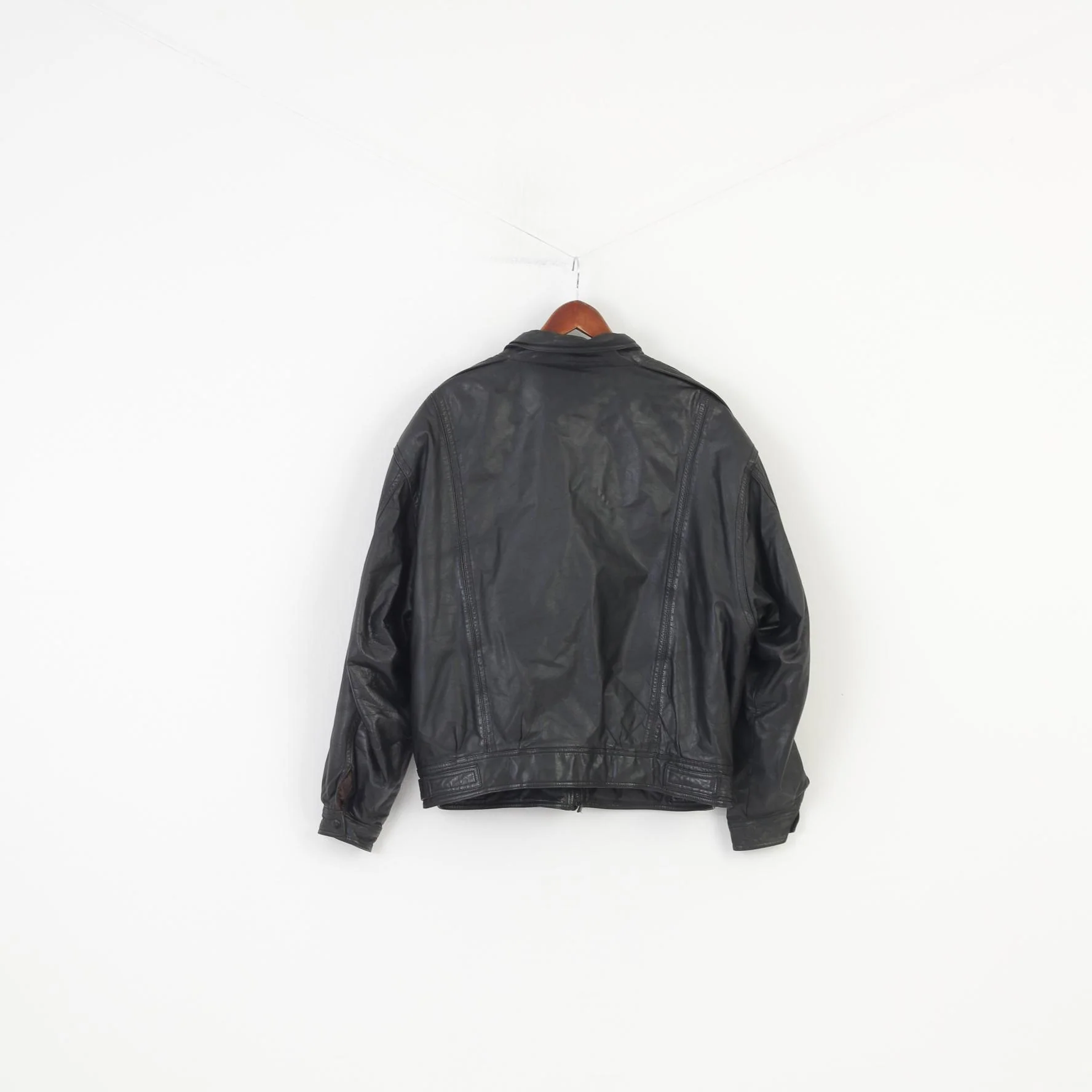 Saki Men L Leather Jacket Vintage Black Full Zipper Collar Long Sleeve Pockets Top - Image 9