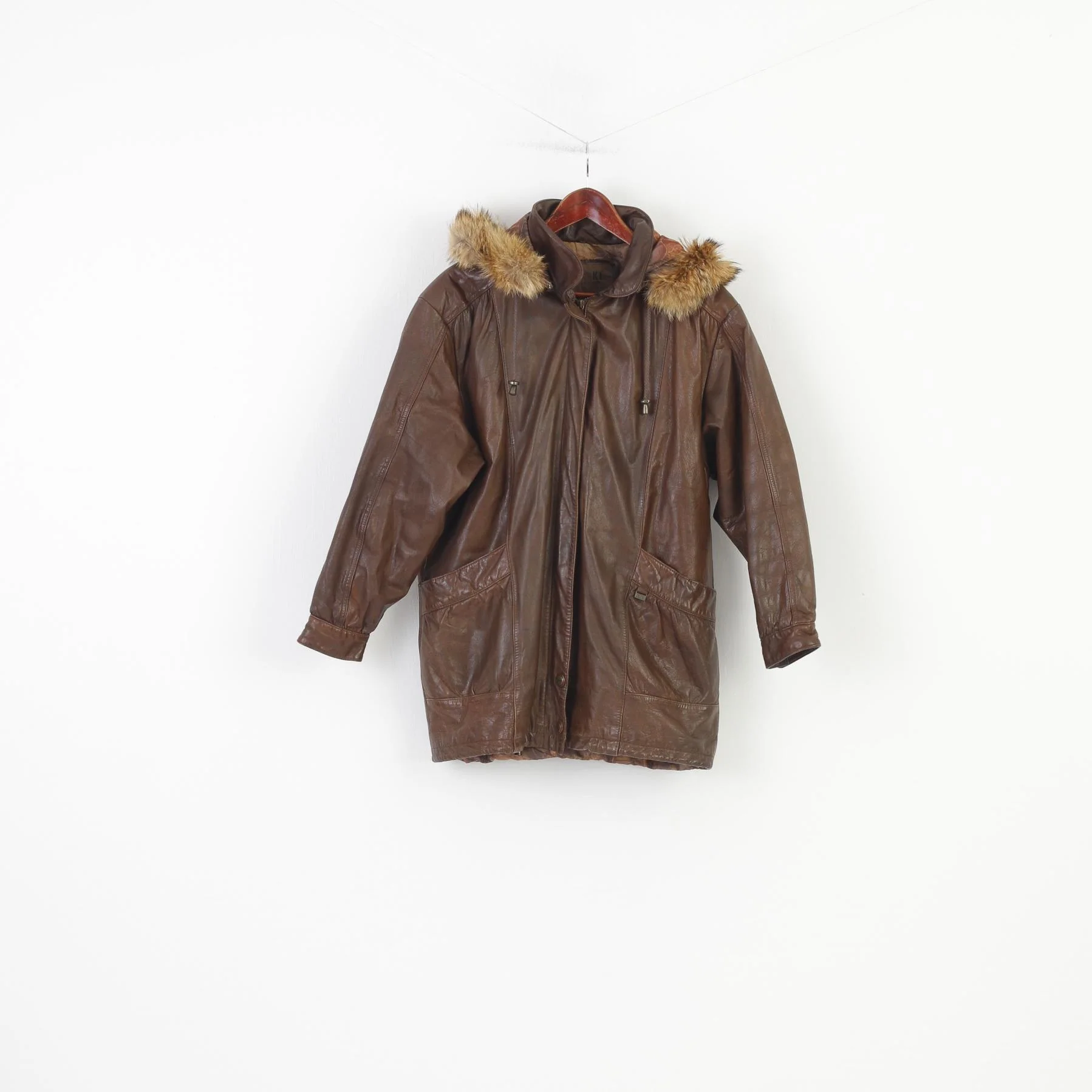 Saki Woman 36 M Leather Jacket Dark Brown Hood Full Zipper Pockets Vintage Top