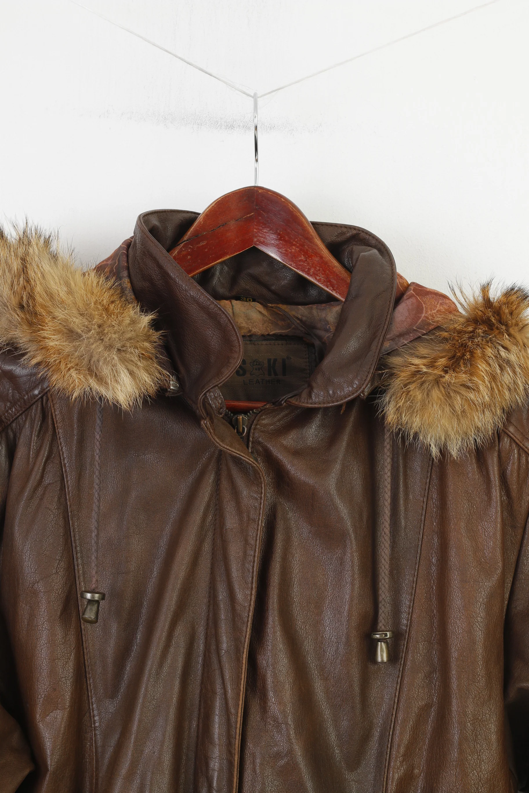 Saki Woman 36 M Leather Jacket Dark Brown Hood Full Zipper Pockets Vintage Top - Image 2