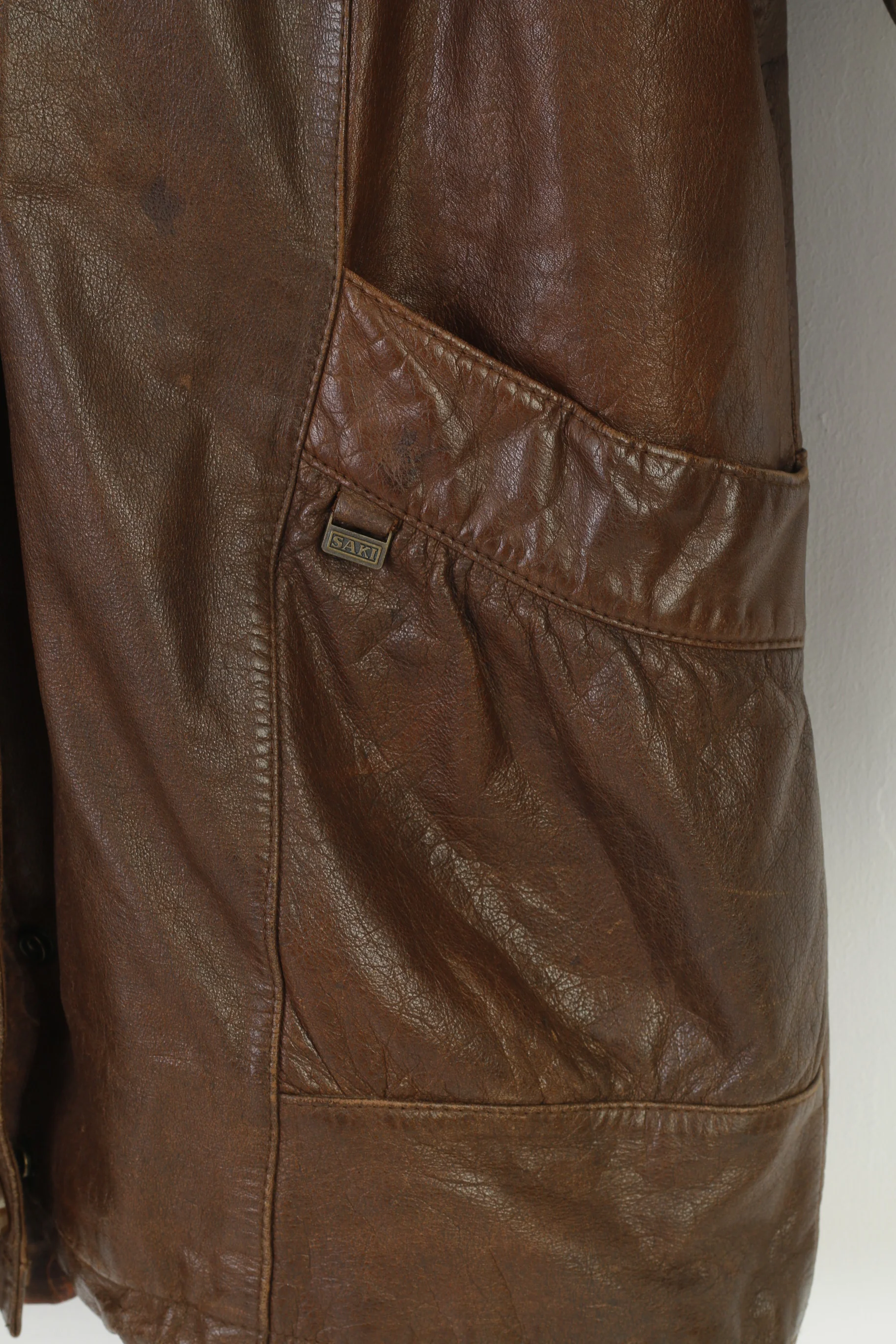 Saki Woman 36 M Leather Jacket Dark Brown Hood Full Zipper Pockets Vintage Top - Image 4