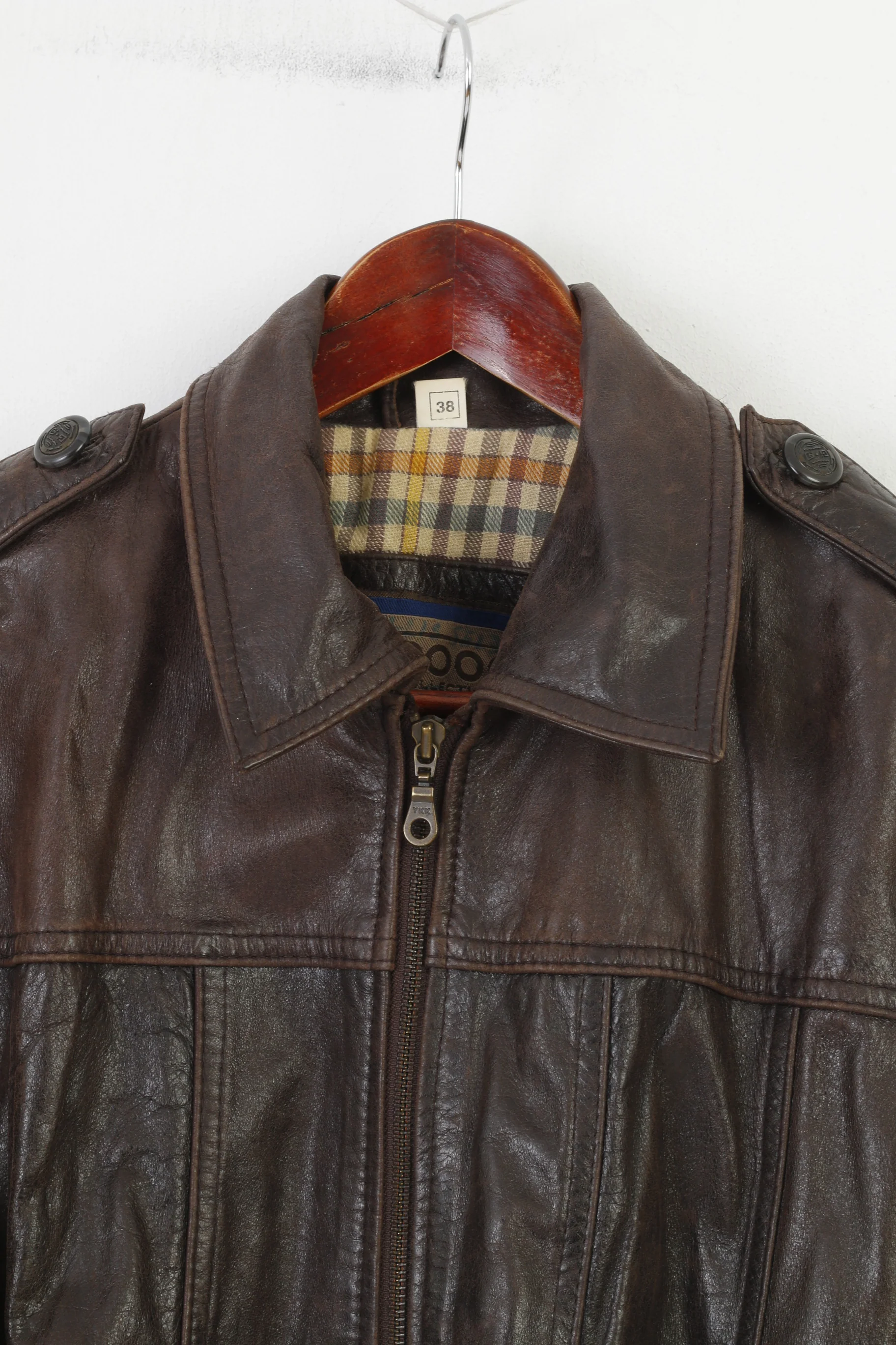Saki Woman 38 M Leather Jacket Dark Brown Collar Full Zipper Pockets Vintage Belt Top - Image 2