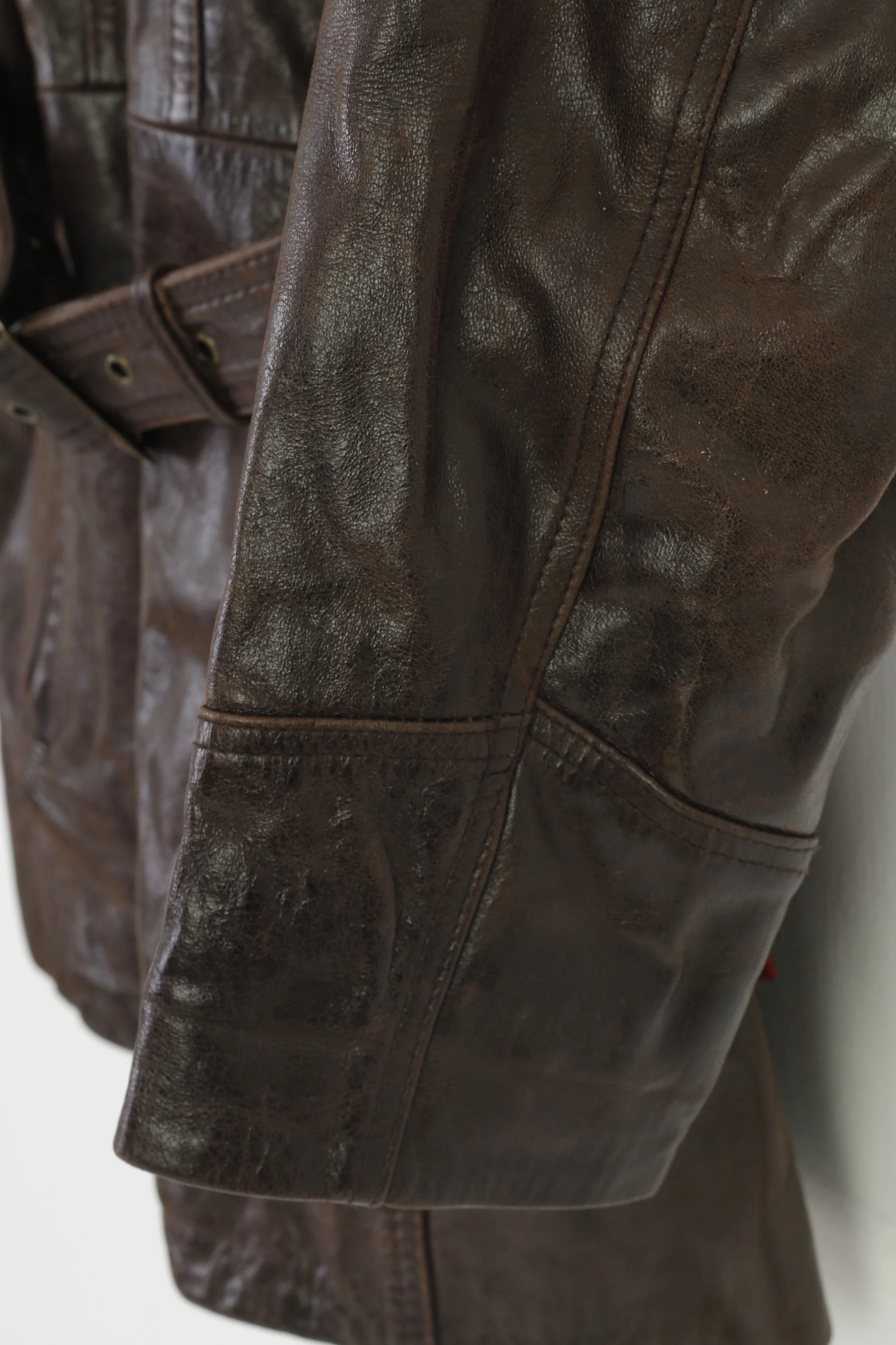 Saki Woman 38 M Leather Jacket Dark Brown Collar Full Zipper Pockets Vintage Belt Top - Image 3