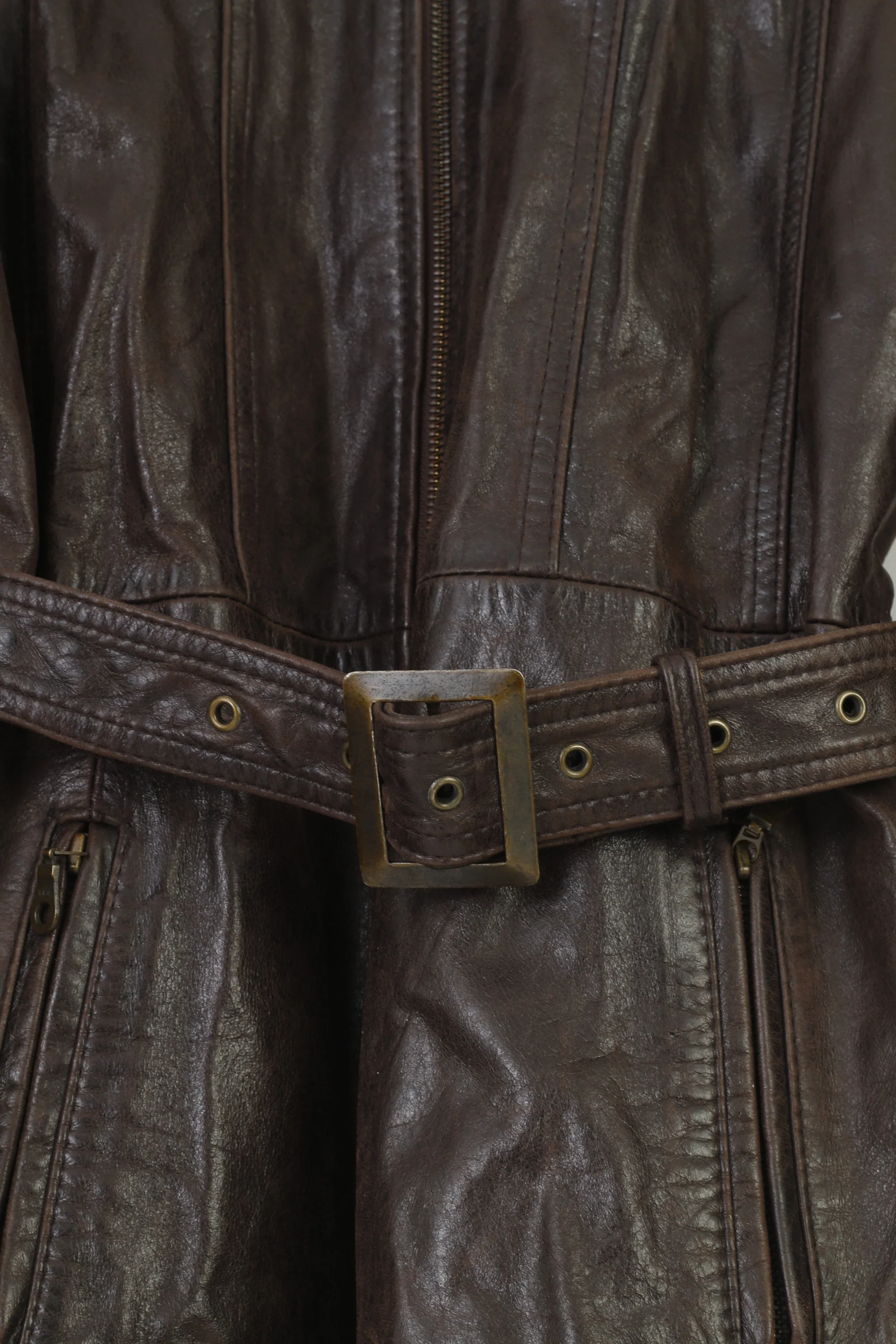 Saki Woman 38 M Leather Jacket Dark Brown Collar Full Zipper Pockets Vintage Belt Top - Image 4