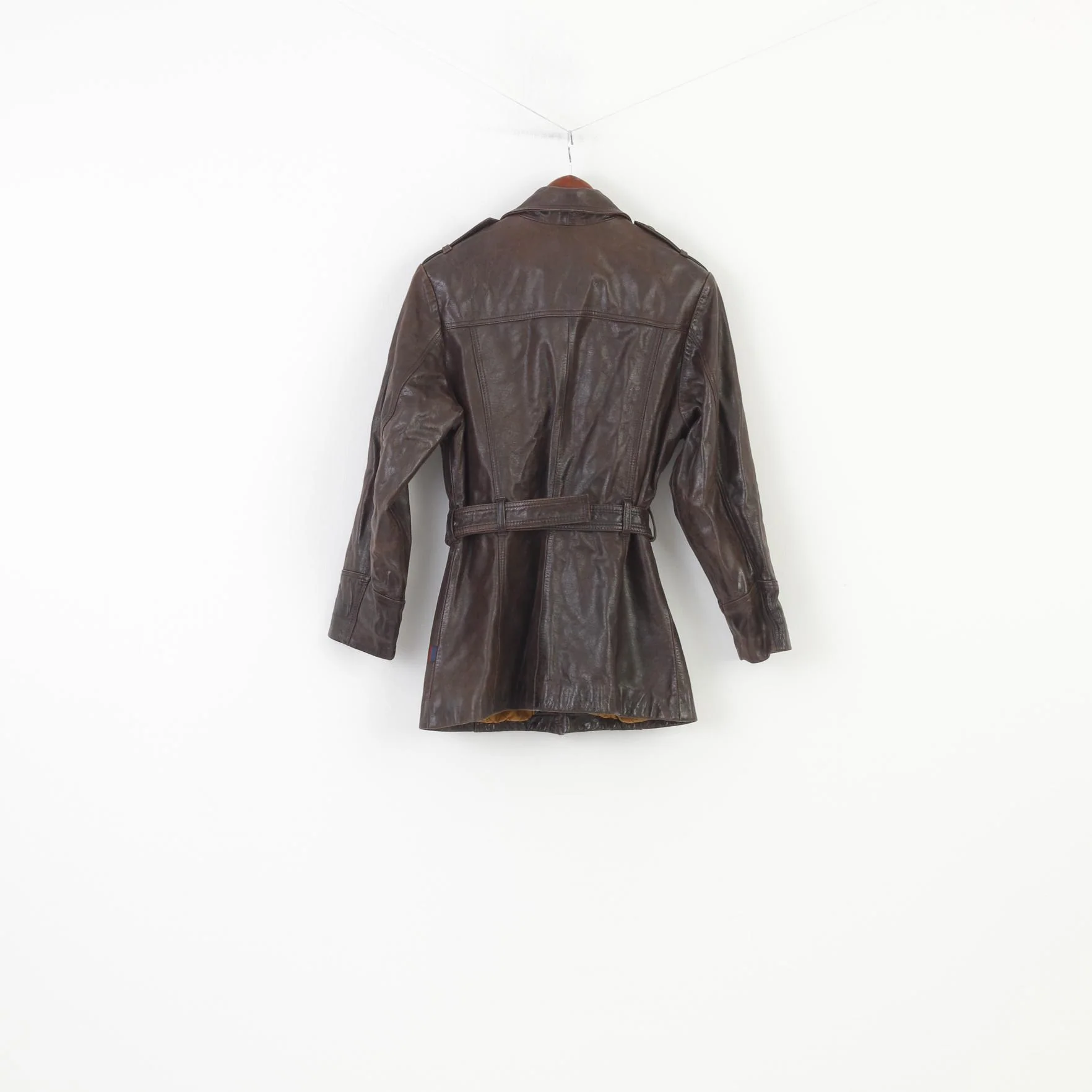 Saki Woman 38 M Leather Jacket Dark Brown Collar Full Zipper Pockets Vintage Belt Top - Image 7