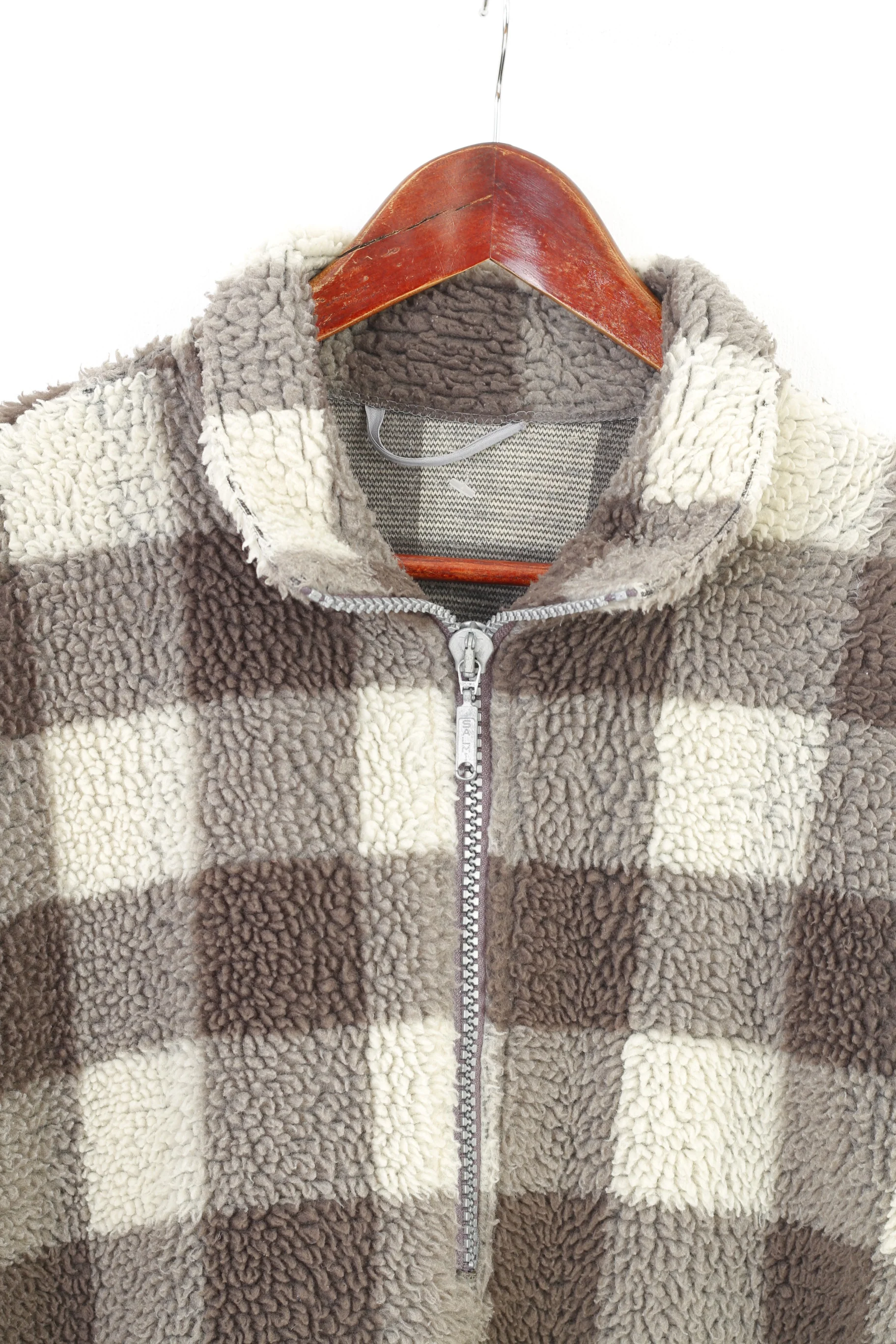 Salmi Men XL Fleece Checkered Cream Grey Zip Neck Long Sleeve Sport Top - Image 2