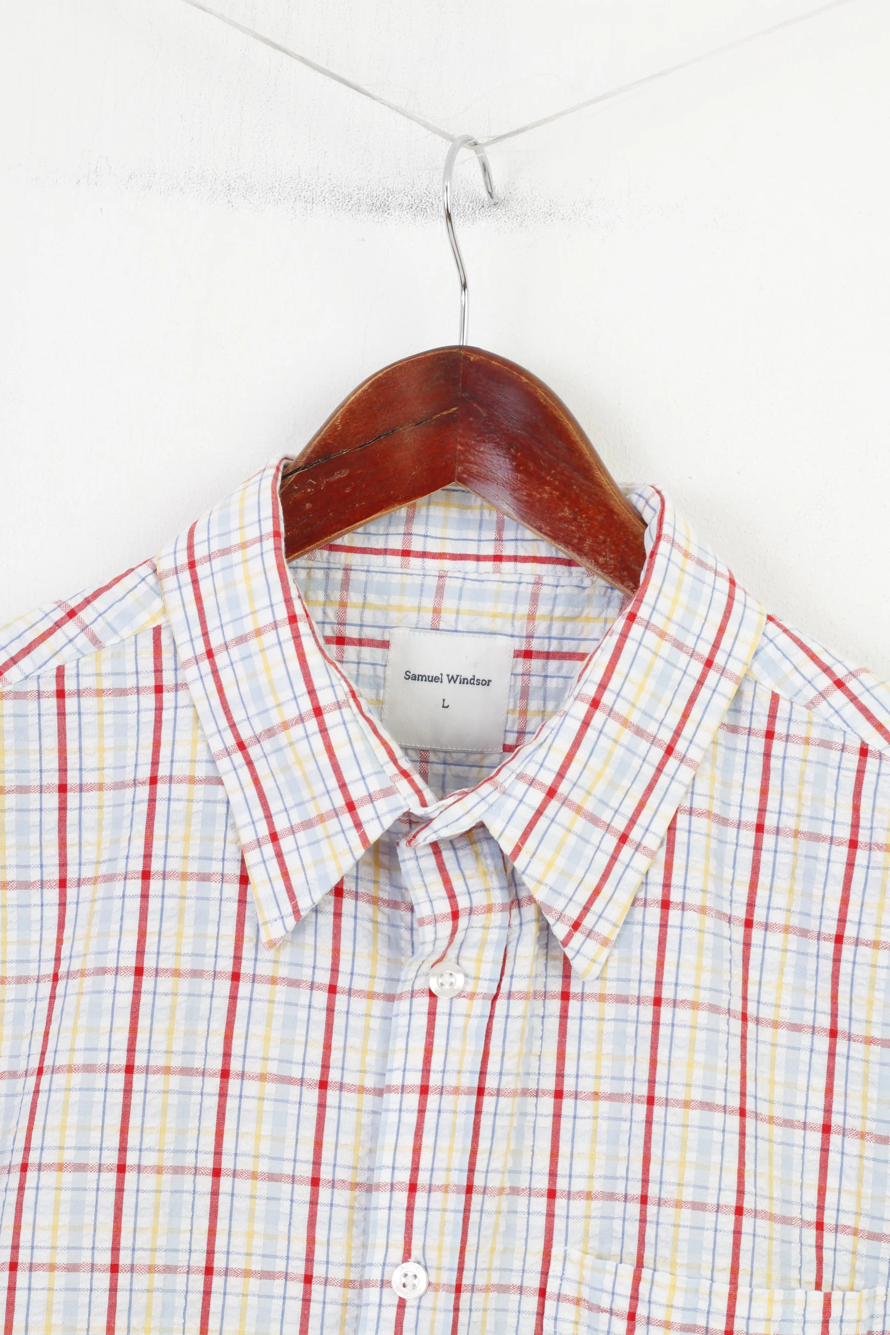 Samuel Windsor Men L Casual Shirt Checkered Short Sleeve Collar White Classic Cotton Top - Image 2