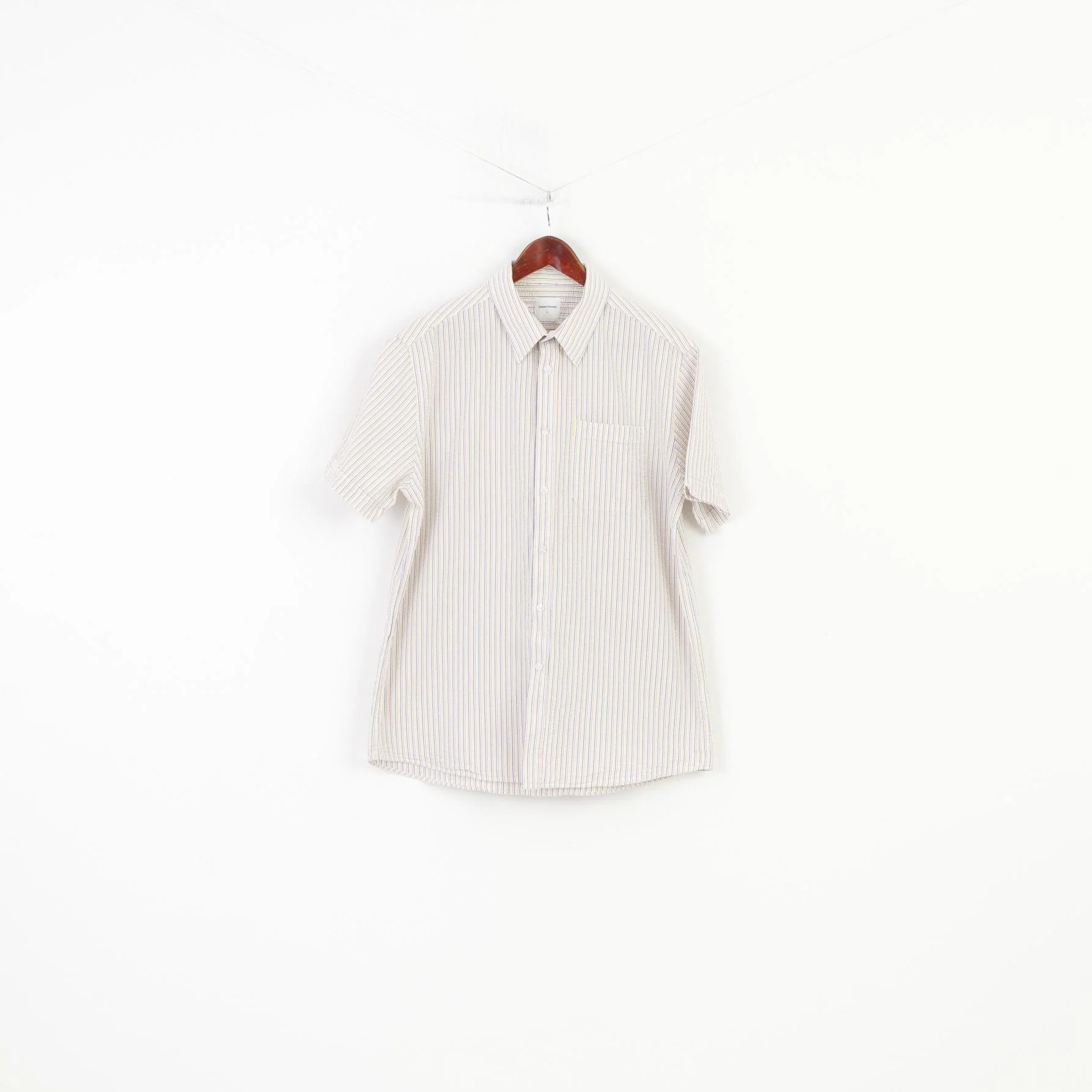 Samuel Windsor Men L Casual Shirt Striped Short Sleeve Collar White Classic Cotton Top
