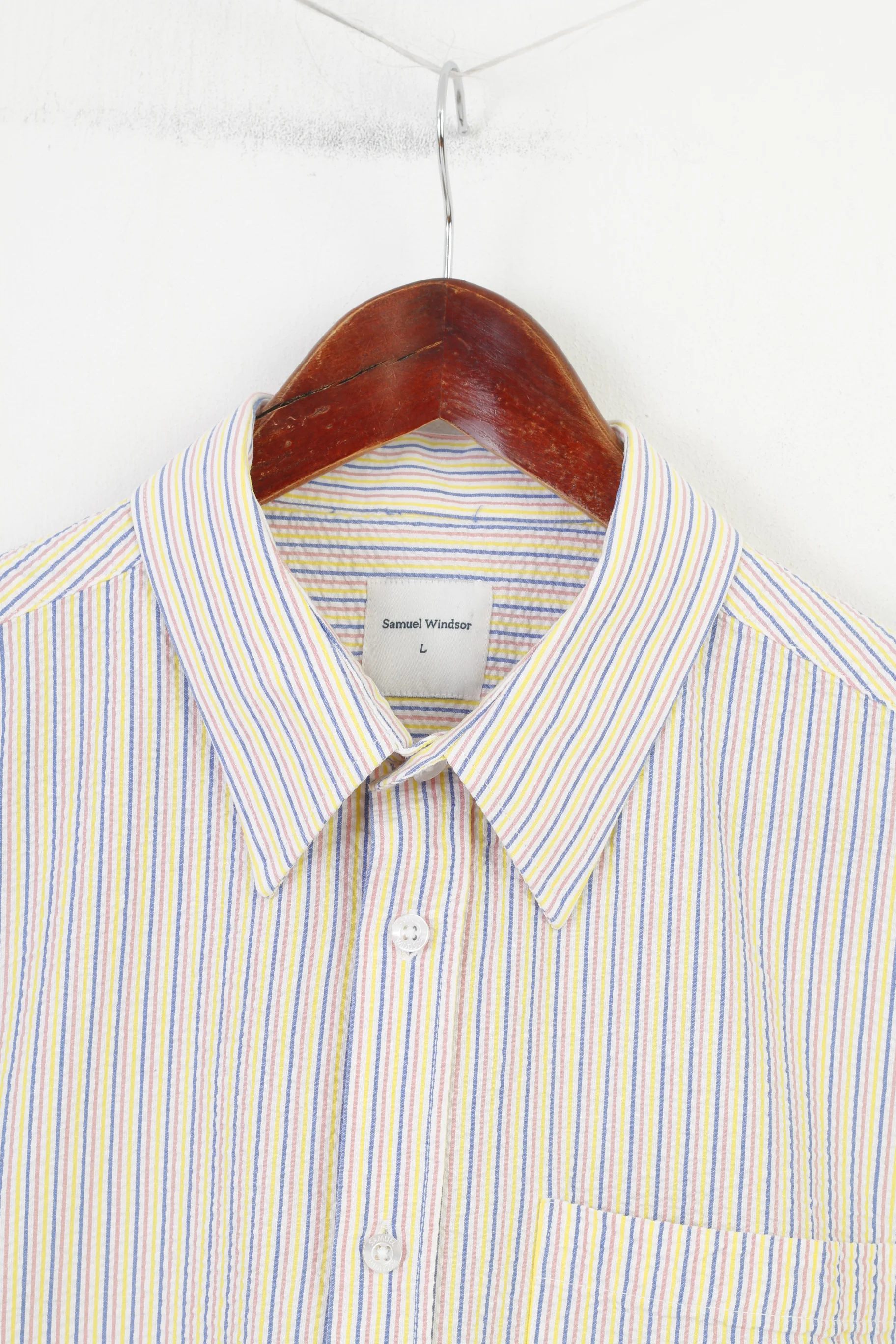 Samuel Windsor Men L Casual Shirt Striped Short Sleeve Collar White Classic Cotton Top - Image 2