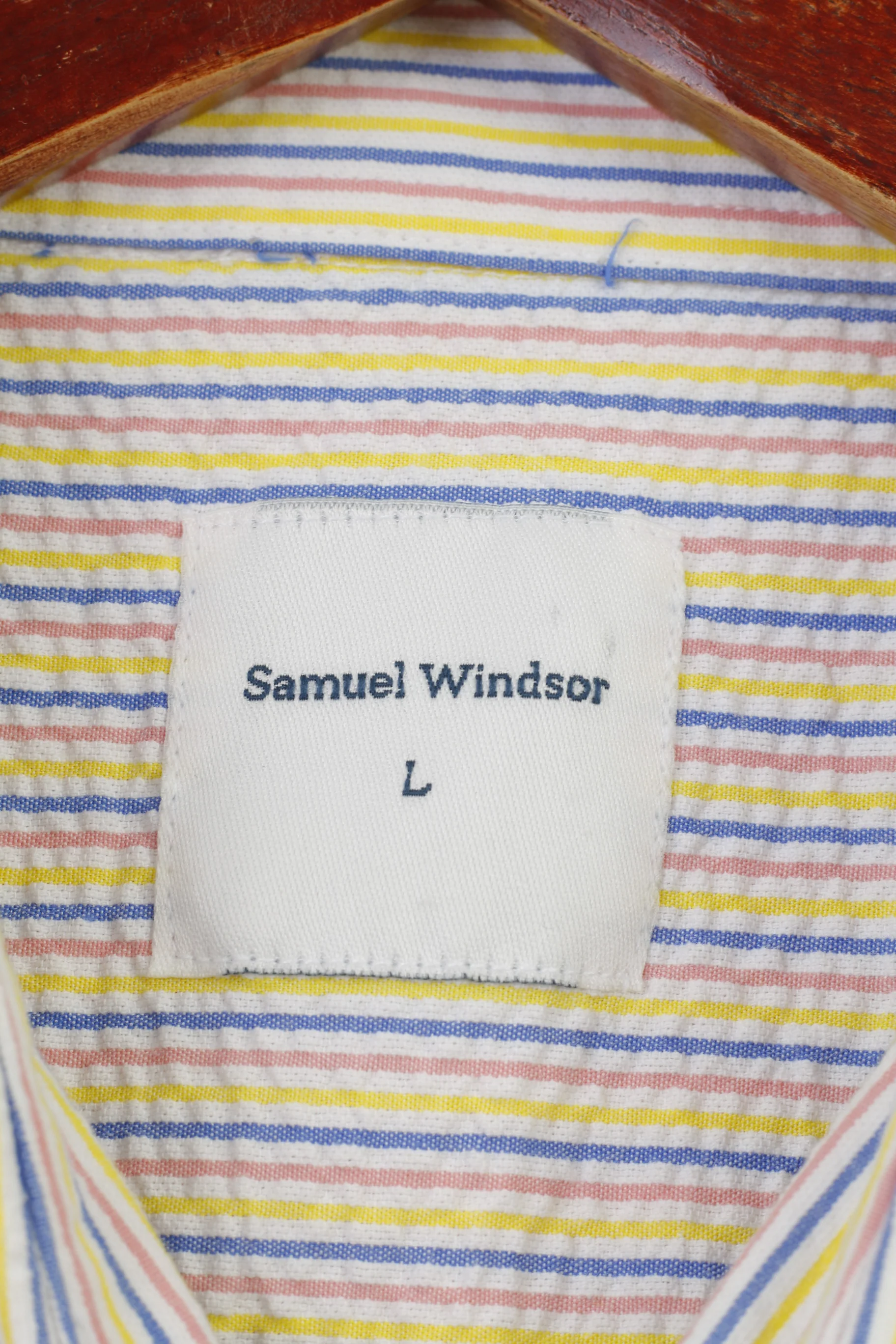 Samuel Windsor Men L Casual Shirt Striped Short Sleeve Collar White Classic Cotton Top - Image 4