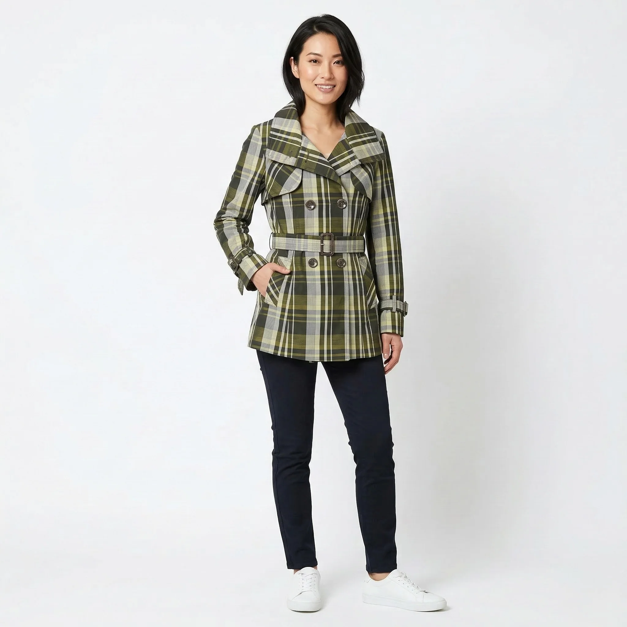 Sarosh Women S Coat Green Shiny Check Double Breasted Belted Classic Top