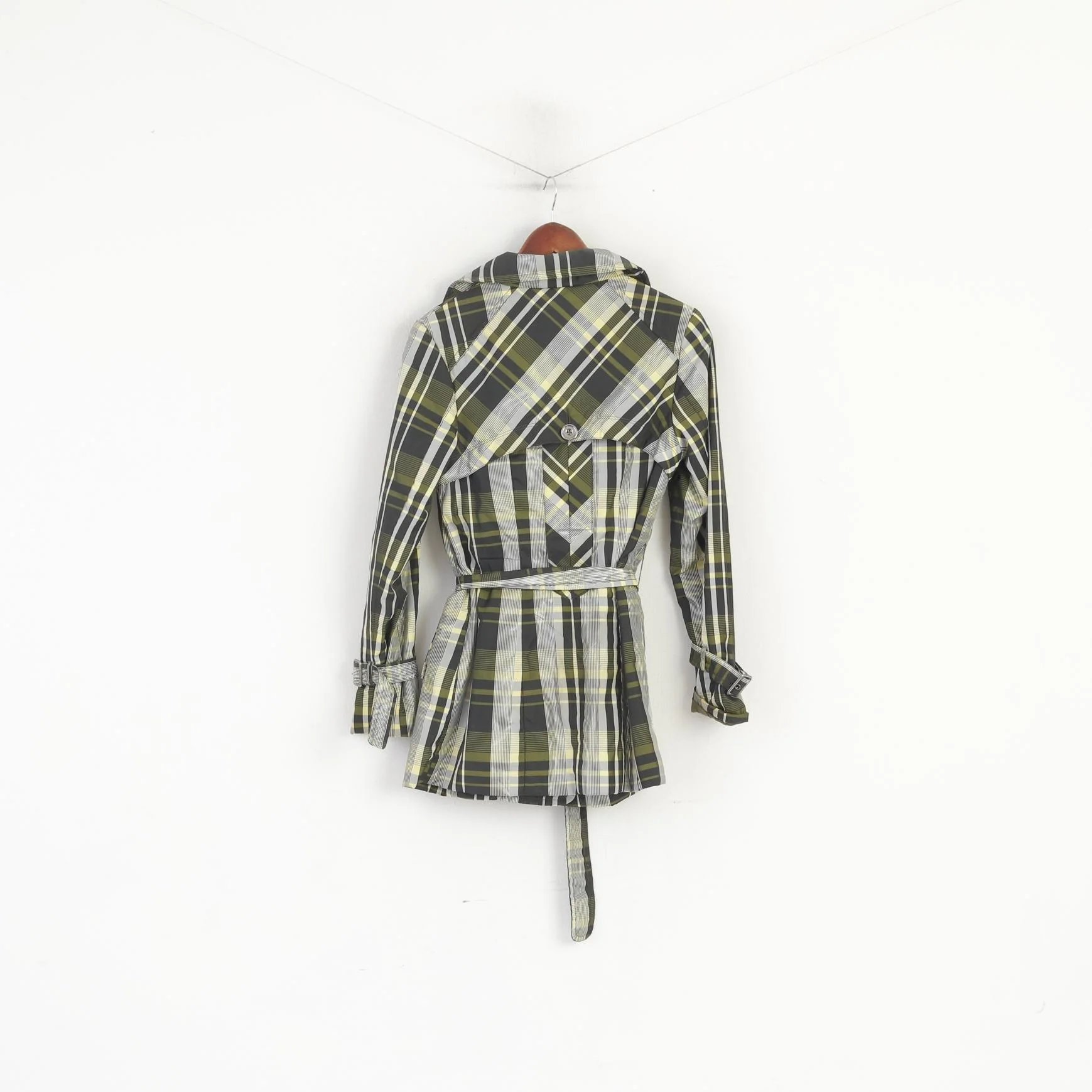 Sarosh Women S Coat Green Shiny Check Double Breasted Belted Classic Top - Image 8