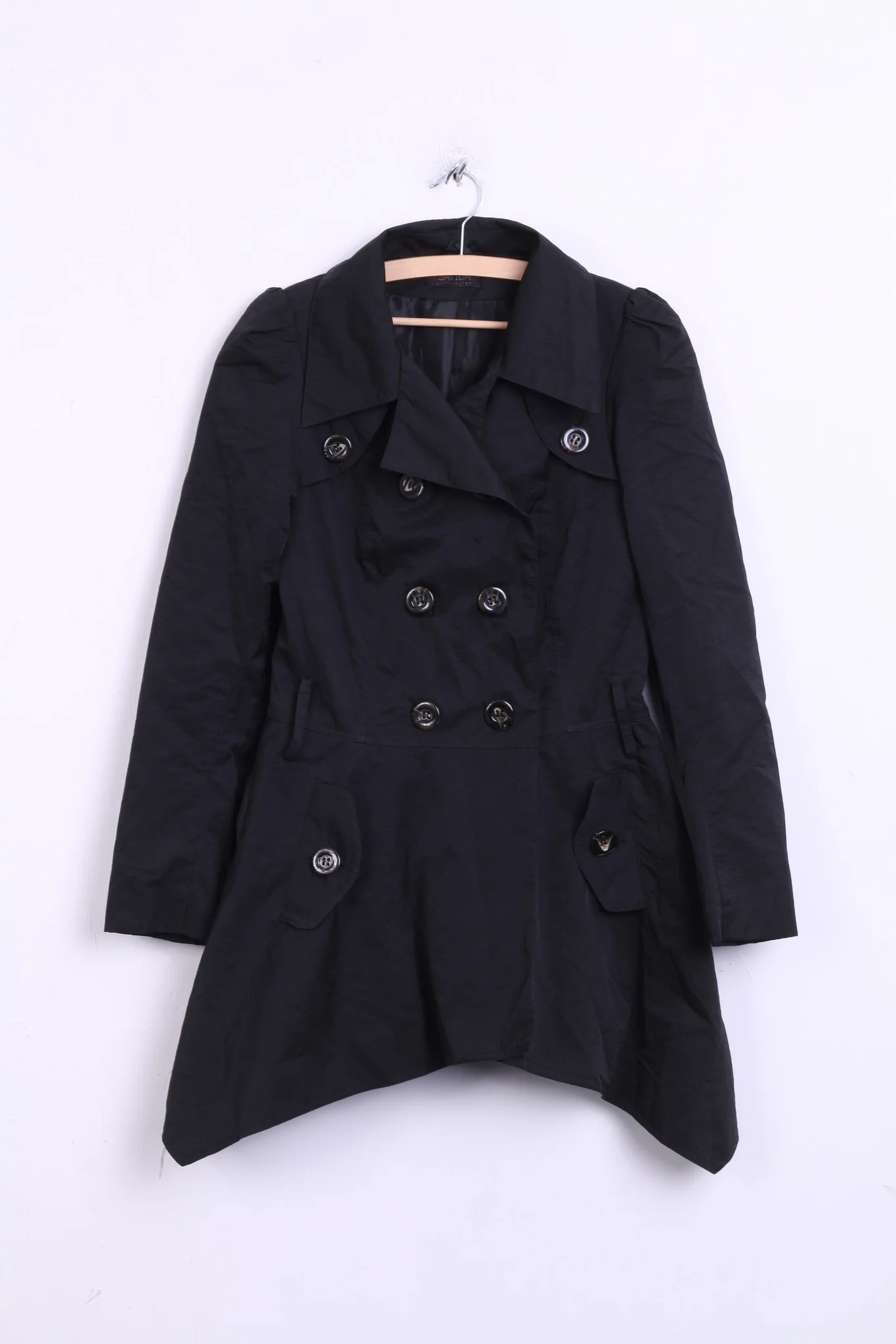 SAVIDA Womens 38 M Coat Trench Double Breasted Black Cotton Nylon