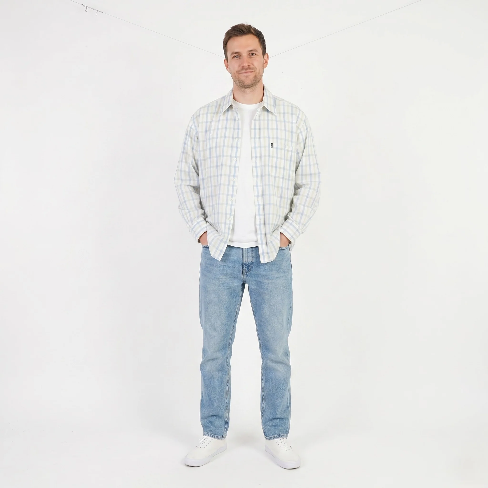 Sergio Tacchini Men L Casual Shirt Cream Cotton Check Milano Long Sleeve Top