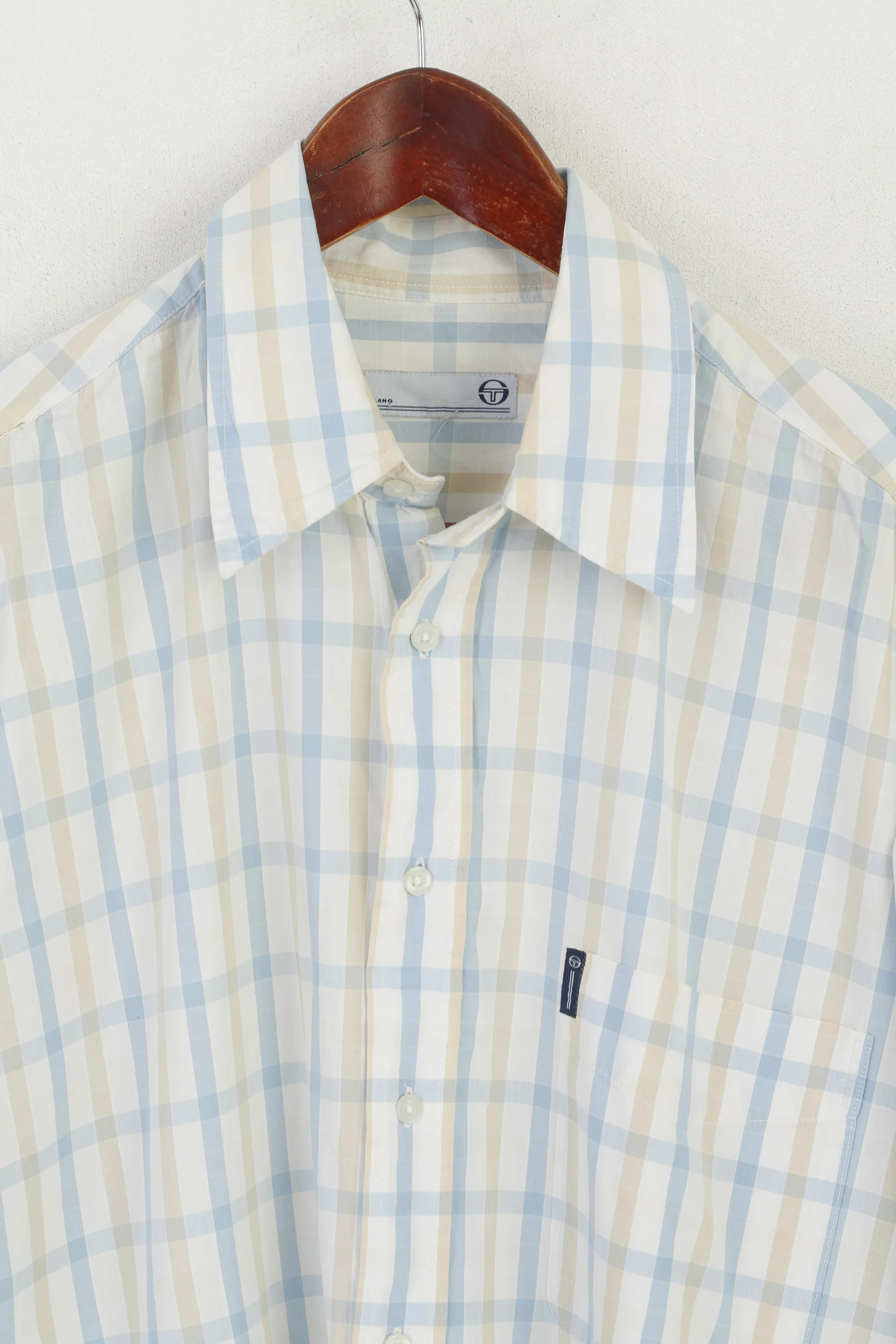 Sergio Tacchini Men L Casual Shirt Cream Cotton Check Milano Long Sleeve Top - Image 3