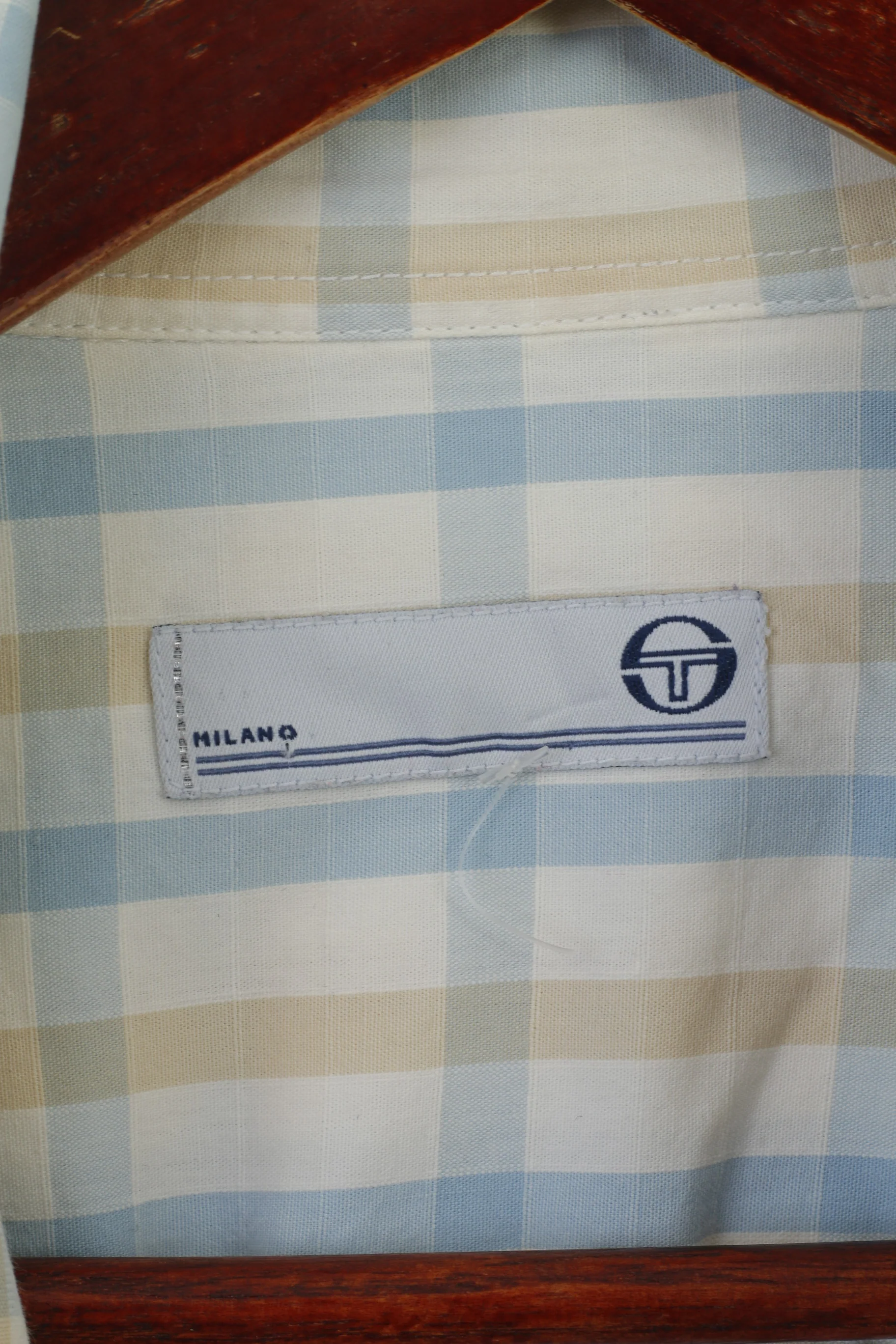 Sergio Tacchini Men L Casual Shirt Cream Cotton Check Milano Long Sleeve Top - Image 5