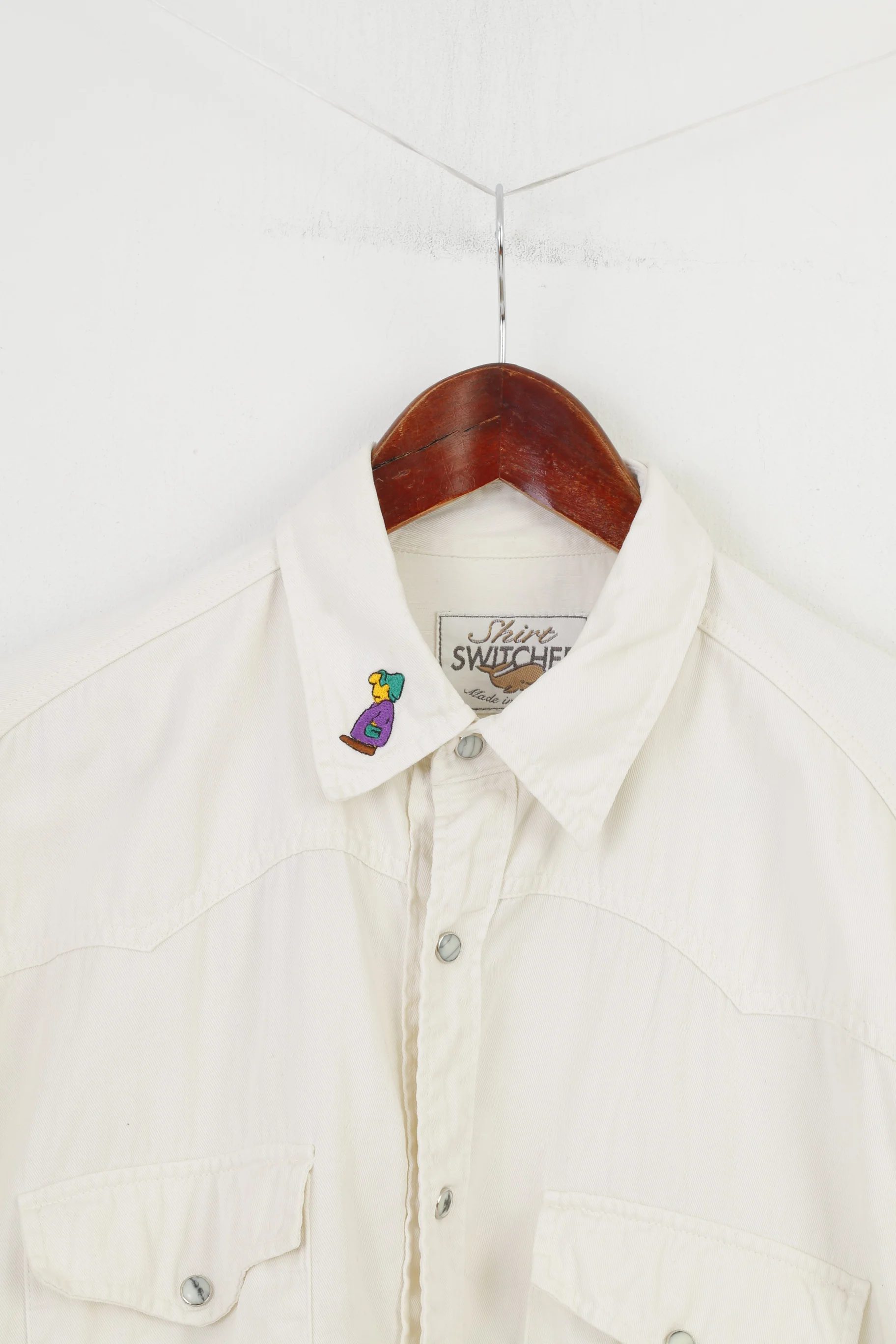 Shirt Switcher Men L Casual Shirt White Cotton Snap Buttons Long Sleeve Top - Image 2