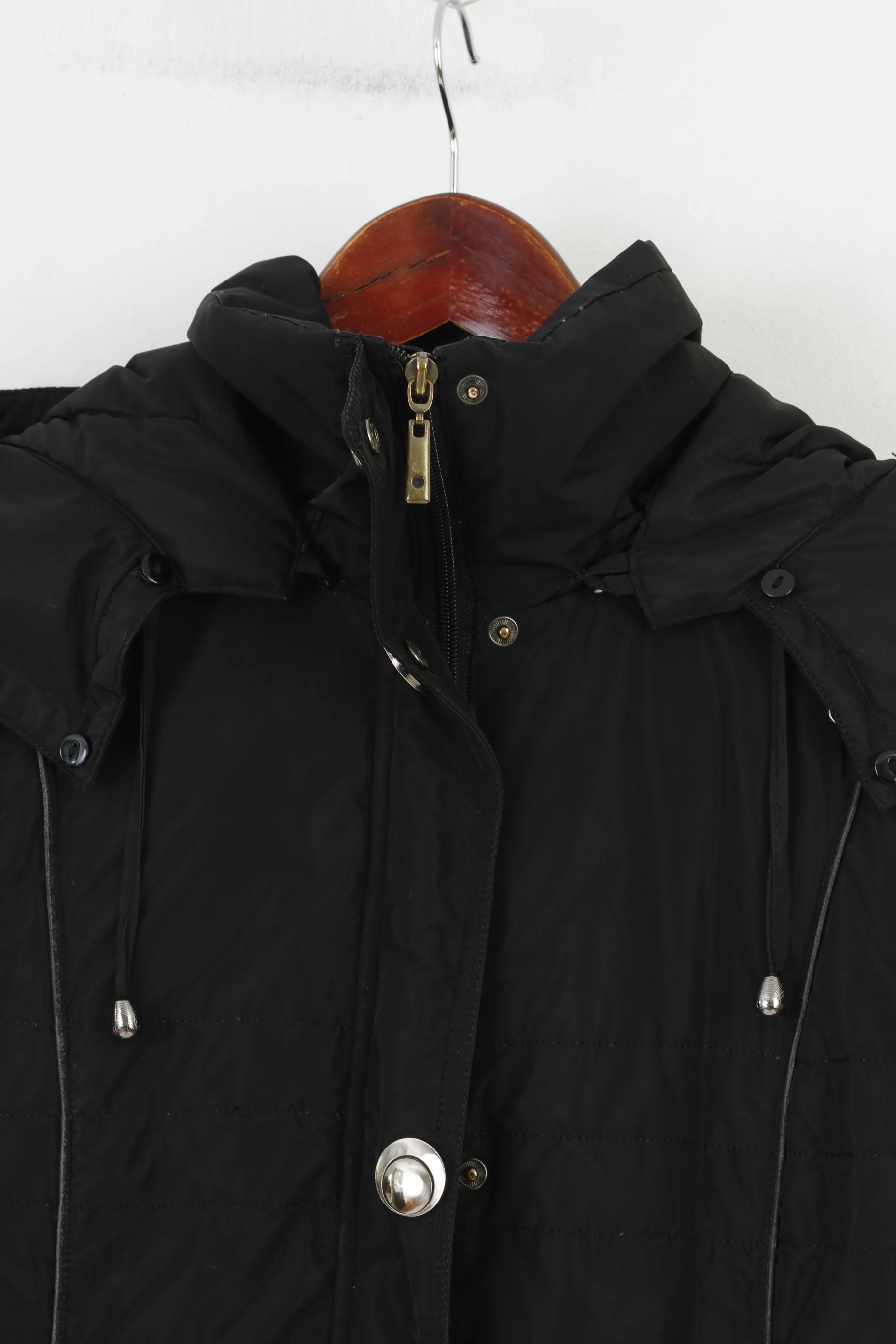 Snowcrest Woman L Jacket Black Padded Hood Shiny Full Zipper Winter Pockets Vintage Top - Image 2