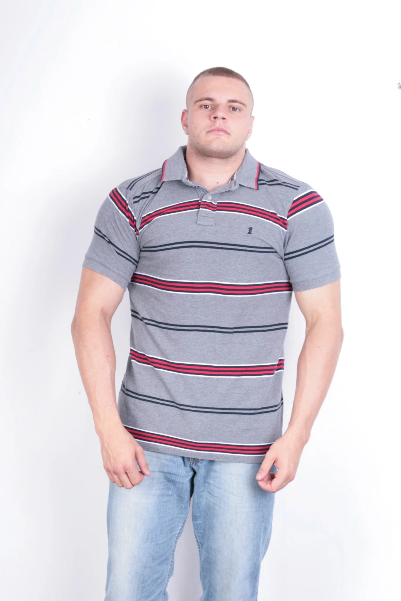 St George Mens XL Polo Shirt Grey Striped Short Sleeve Cotton Summer