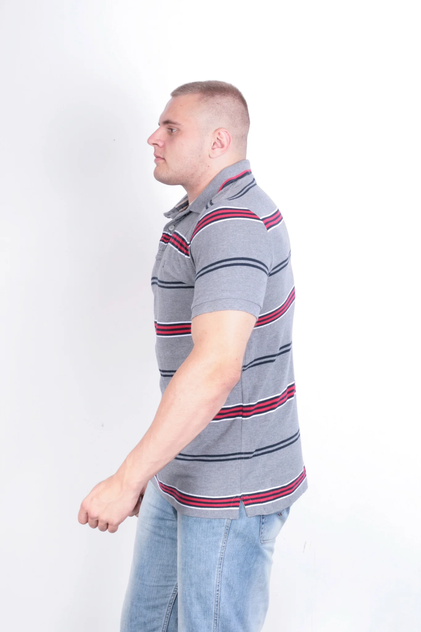 St George Mens XL Polo Shirt Grey Striped Short Sleeve Cotton Summer - Image 3