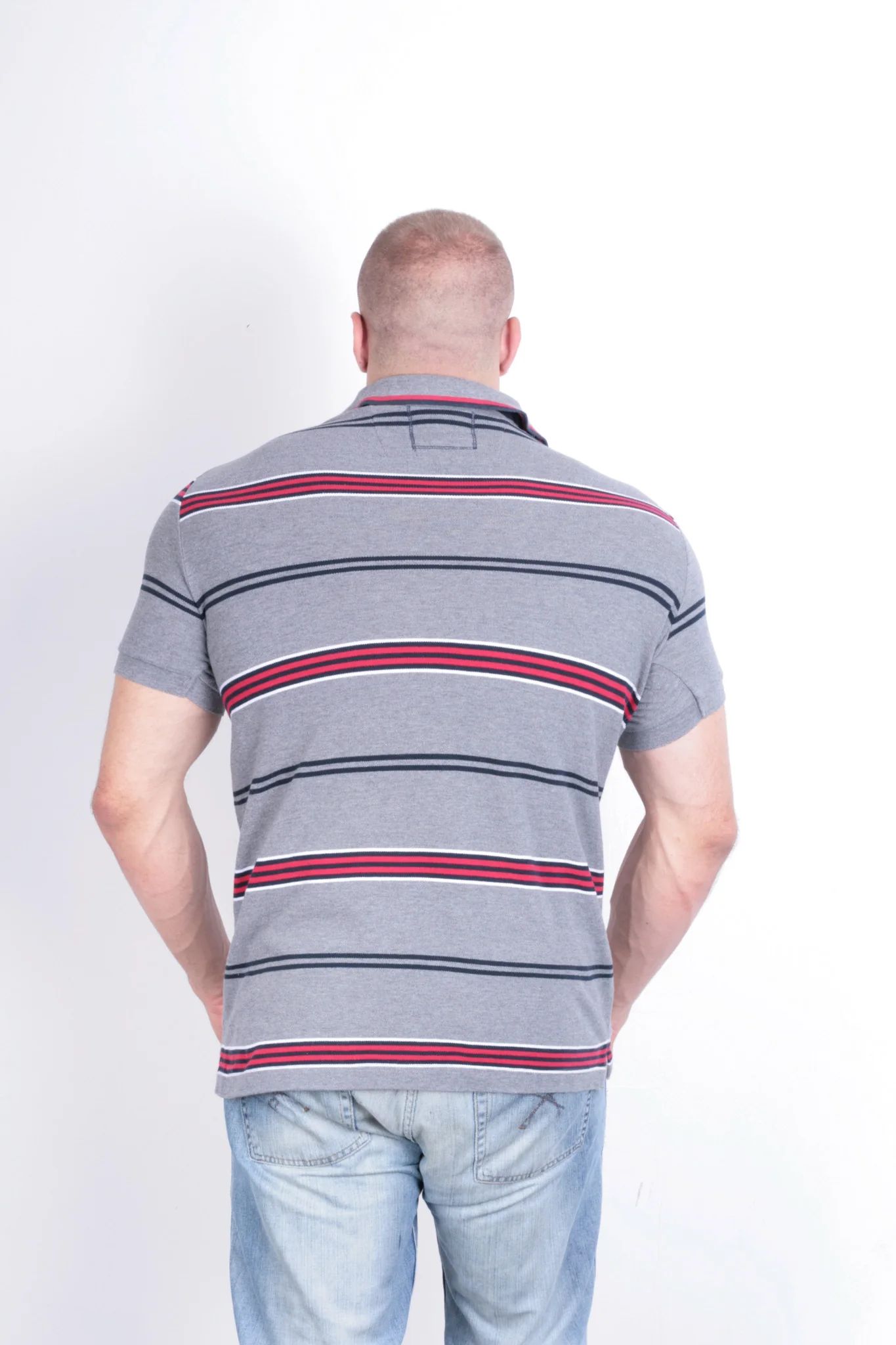 St George Mens XL Polo Shirt Grey Striped Short Sleeve Cotton Summer - Image 4