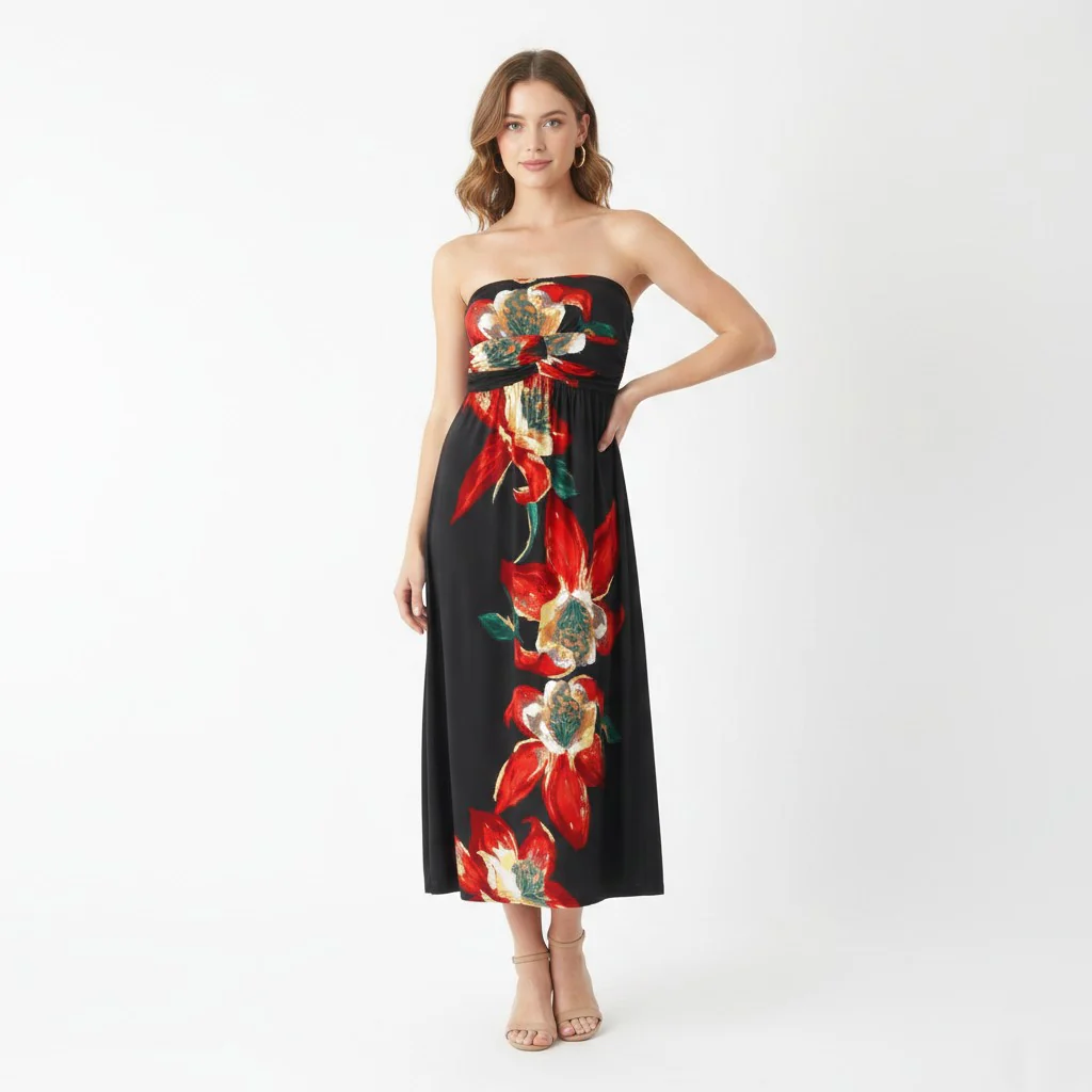 Stella Morgan Women S Midi Dress Black Bandeau Flowral Print Lining Summer